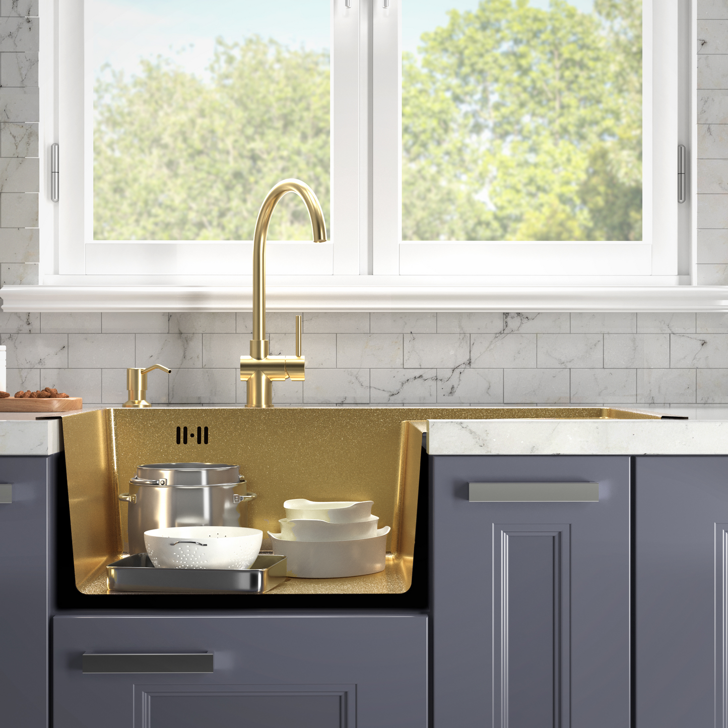 Vieno dubens kriauklė su nusausintuvu 78x50L Auksinė + priedai