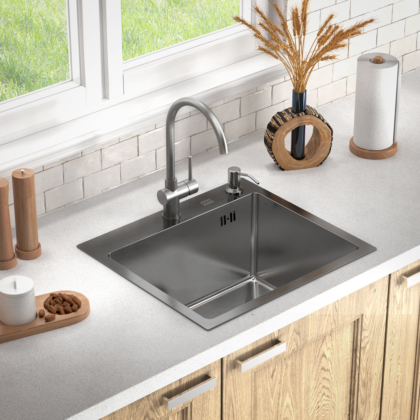 ANW HOME Nano Silber Edelstahl Küchenspüle 48x45x22 cm – Unterbau/Auflage, Langlebig, Hygienisch, Schallgedämmt
