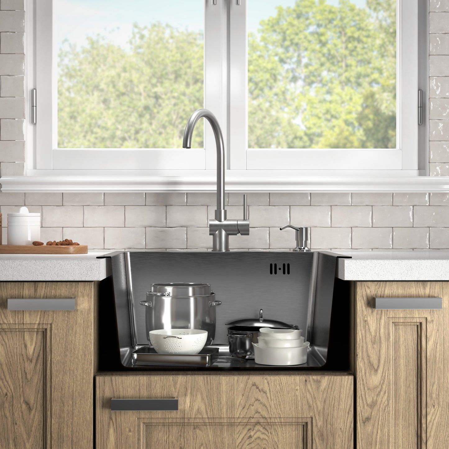 Ühe kausiga valamu Inox decor 50x45 + dosaator, korv