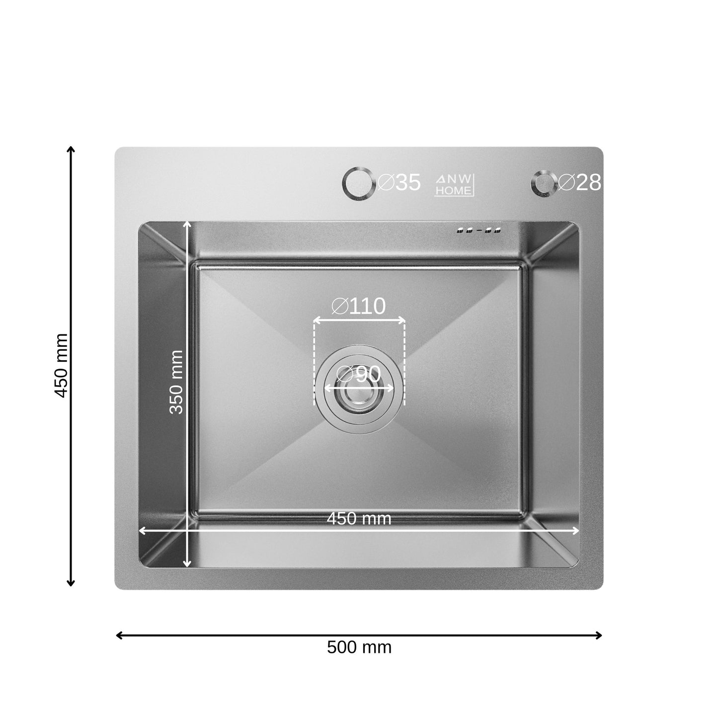 ANW HOME Fregadero Cocina 1 Seno, Fregadero sobre Encimera Acero Inoxidable 50x45 cm, Profundidad 22 cm, Grosor 3.0+1 mm, Superficie Nano-Coating, con Sifón, Dosificador y Cesta