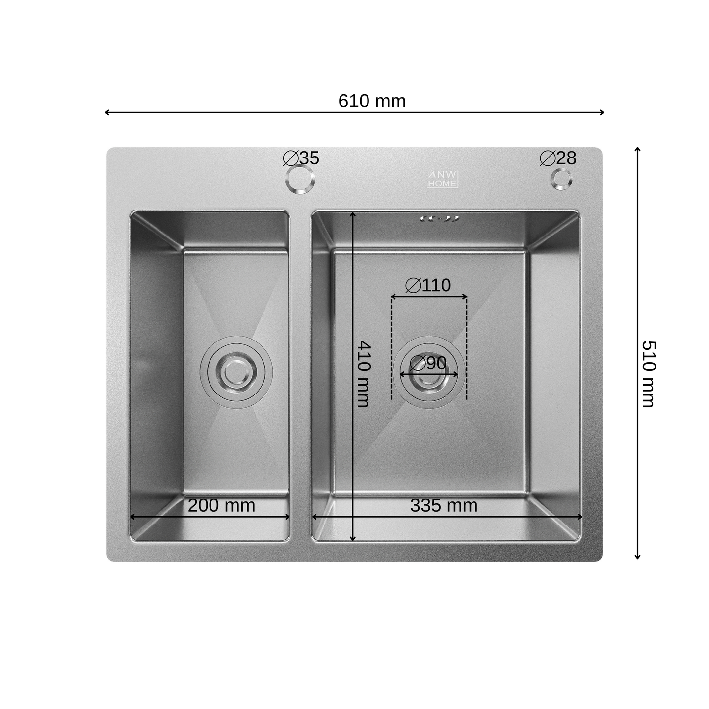 ANW HOME Evier Cuisine 2 Bacs à Encastrer, Évier Inox 304, 61x51 cm, Argent, Finition Nano, Épaisseur 3,0+1 mm, avec Siphon, Distributeur de Savon et Panier