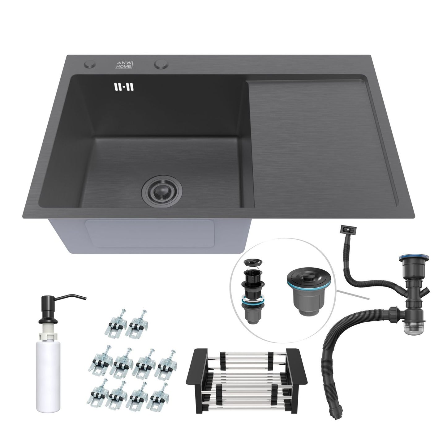 ANW HOME Fregadero Cocina 1 Seno Sobre Encimera con Escurridor, Acero Inoxidable 304, 78x50 cm, Grafito PVD, Acabado con Nano-Revestimiento, Grosor 3.0+1 mm, 22 cm, con Sifón, Dosificador y Cesta
