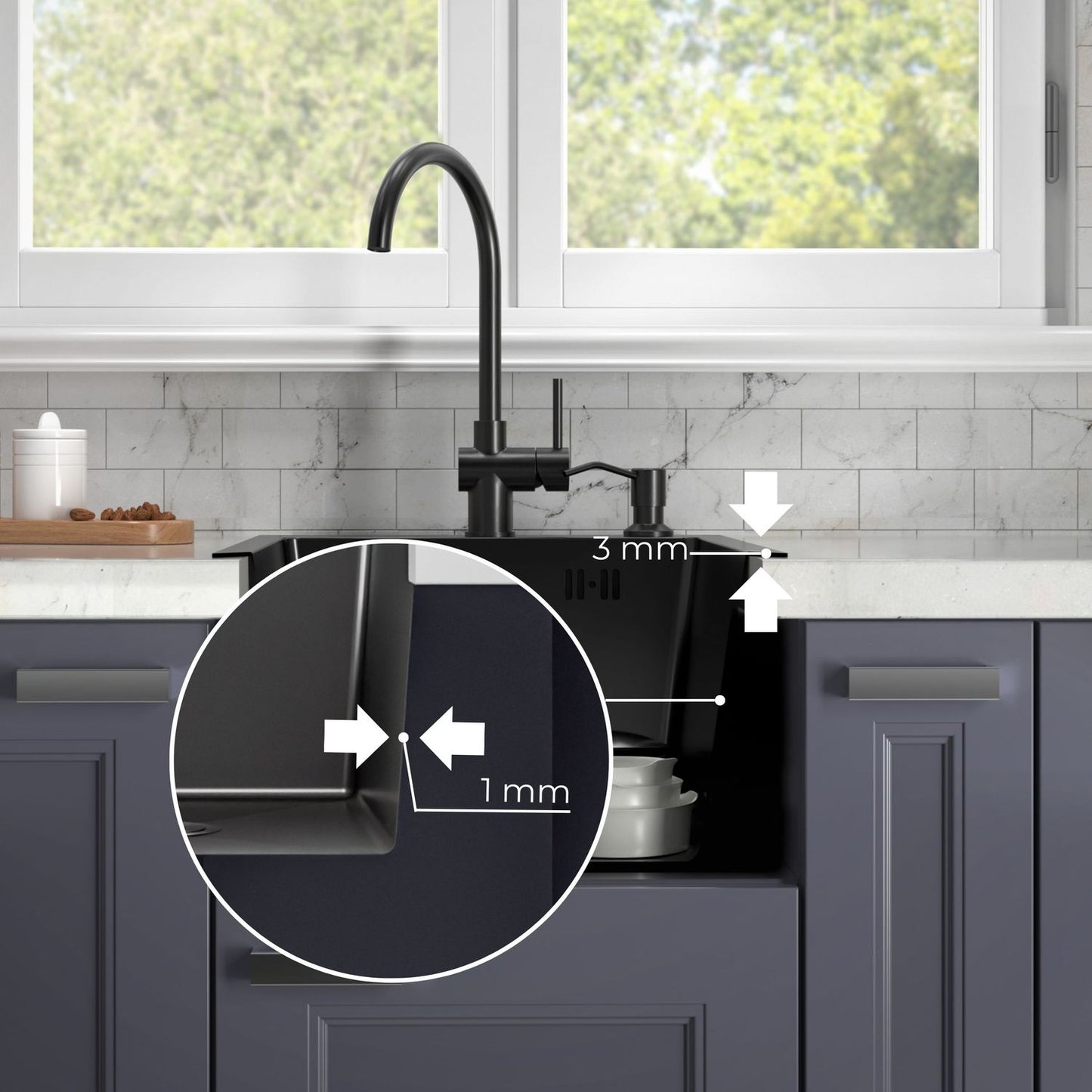 ANW HOME Fregadero Cocina 1 Seno Sobre Encimera con Escurridor, Acero Inoxidable 304, 78x50 cm, Grafito PVD, Acabado con Nano-Revestimiento, Grosor 3.0+1 mm, 22 cm, con Sifón, Dosificador y Cesta