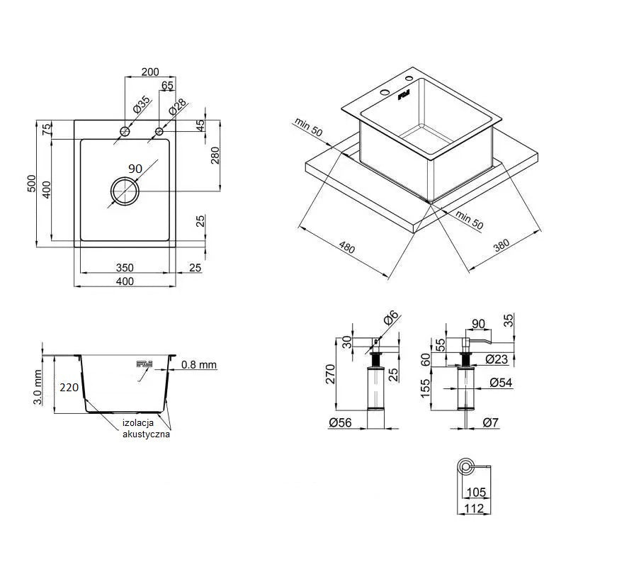 stainless steel kitchen sink size 40x50 with all dimensions 