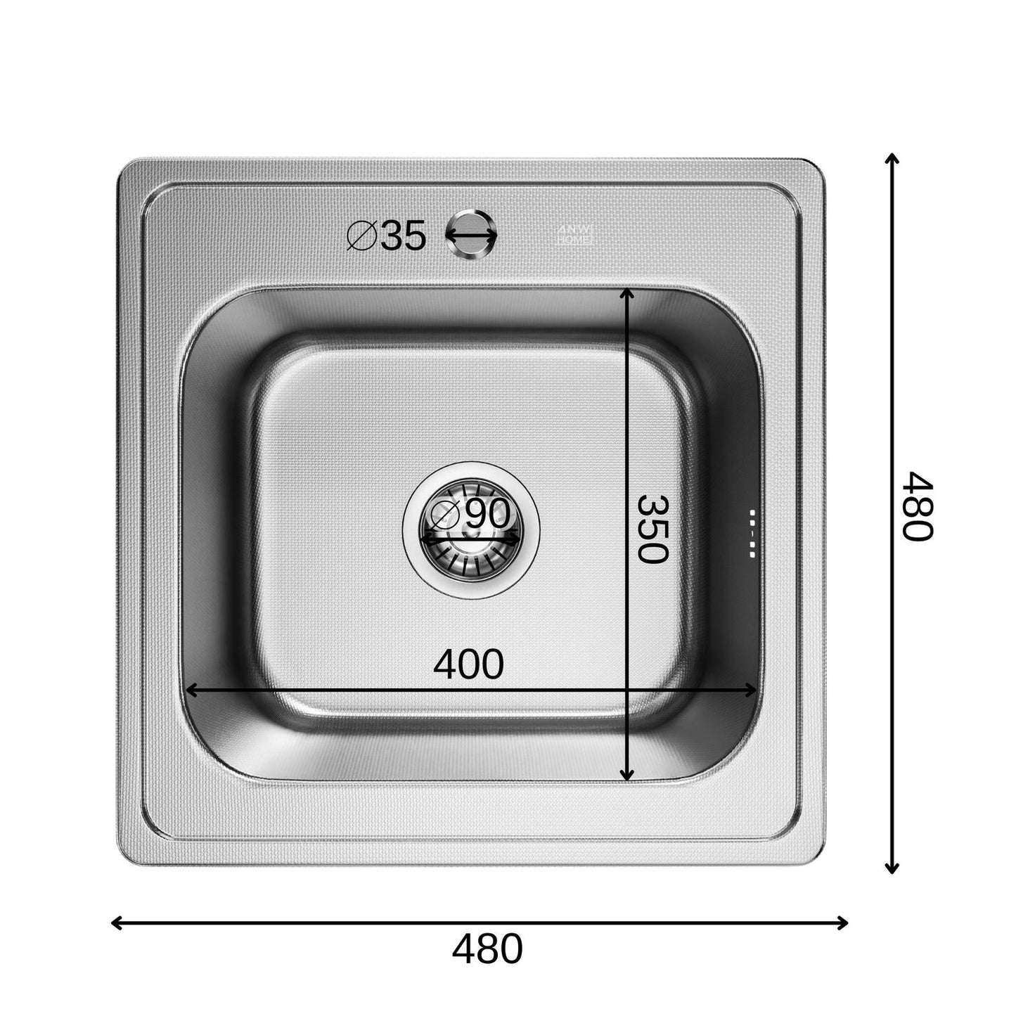ANW HOME Spülbecken Küche, Küchenspüle Einbauspüle Edelstahl 1 Becken  48x48 cm, Silber, Kratzfestes Finish, Stärke 1 mm, Tiefe 18 cm, mit Siphon