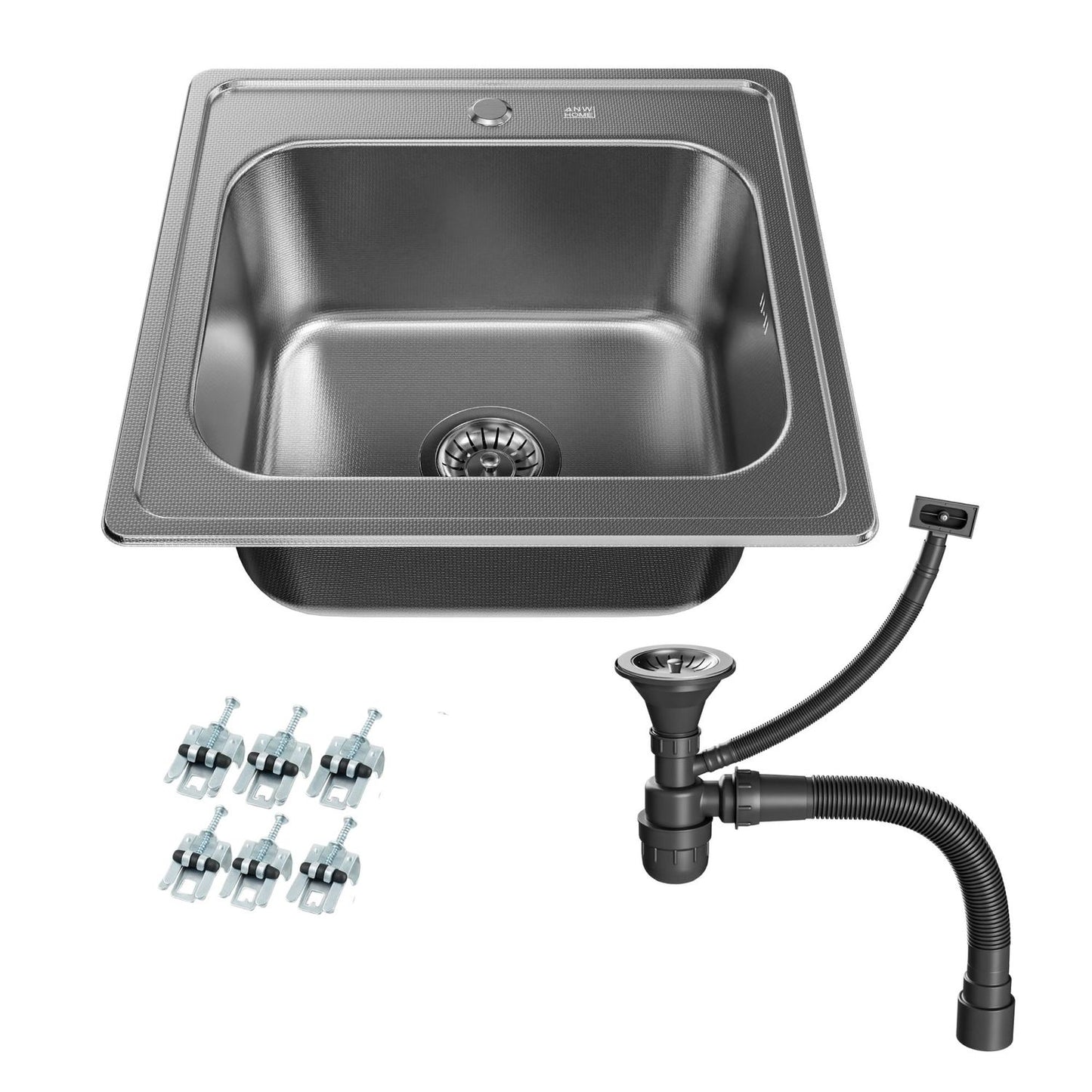 ANW HOME Spülbecken Küche, Küchenspüle Einbauspüle Edelstahl 1 Becken  48x48 cm, Silber, Kratzfestes Finish, Stärke 1 mm, Tiefe 18 cm, mit Siphon