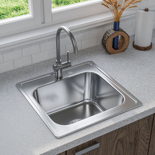 ANW HOME Spülbecken Küche Edelstahl 201, Einbauspüle 1 Becken, Spüle  48x48 cm, Silber, Satin-Oberfläche, Stärke 1 mm, 20 cm Tief, mit Siphon