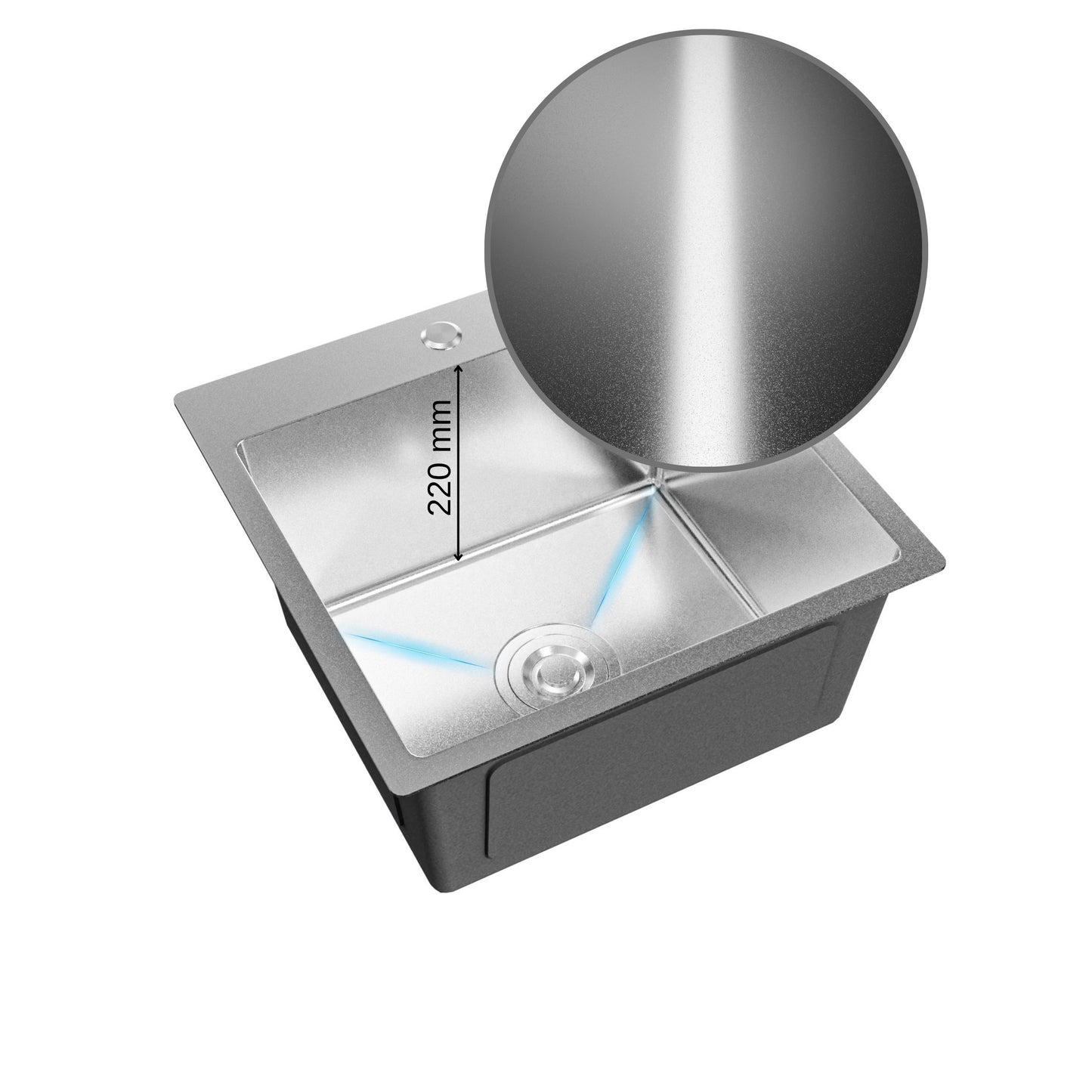 ANW HOME Lavandino Cucina, Lavello Cucina 1 Vasca 46x45 cm in Acciaio Inox con Finitura Nano, Spessore 3.0+1 mm, da Incasso, Argento, con Sifone, Dosatore e Cestello