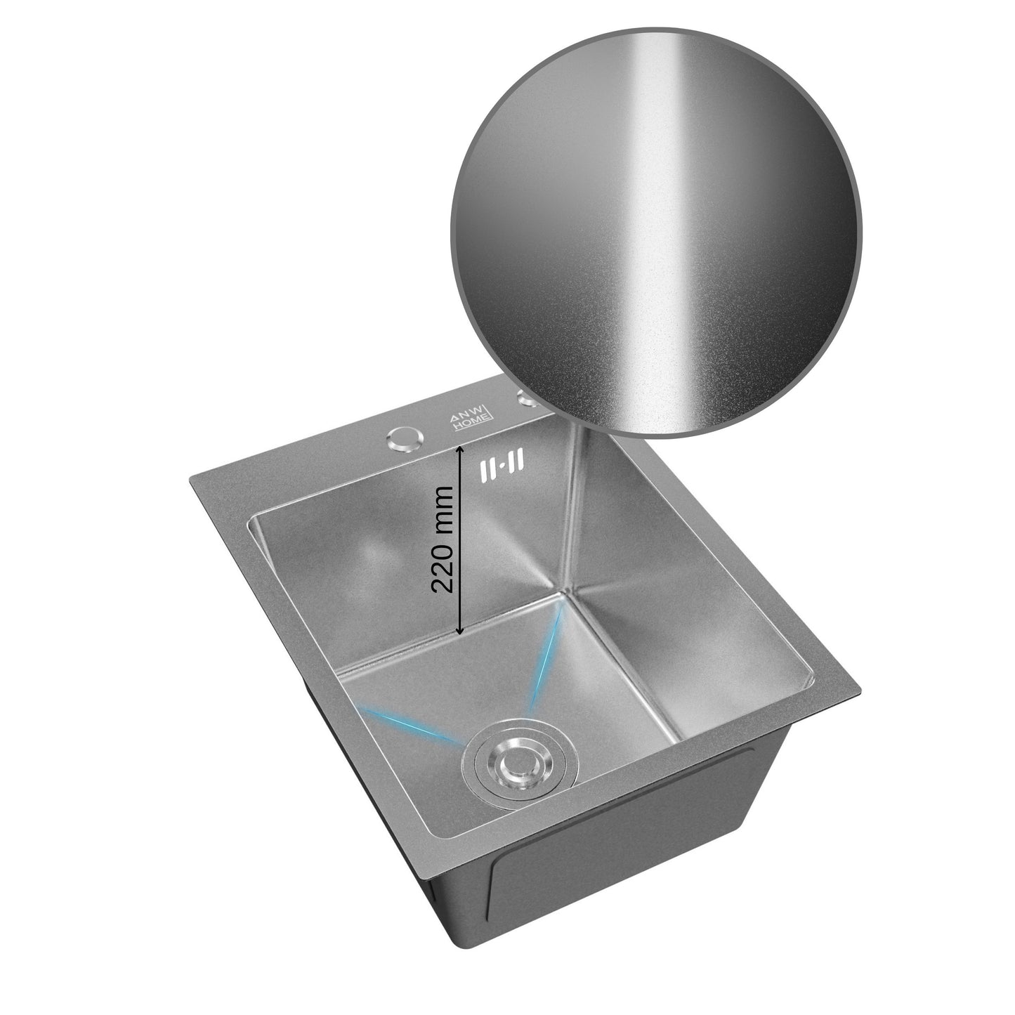 ANW HOME Lavello Cucina 1 Vasca, Lavello Acciaio Inox da Incasso 40 x 50 cm, Argento, Finitura Nano, Spessore 3,0/1 mm, Profondità 22 cm, con Sifone e Dosatore