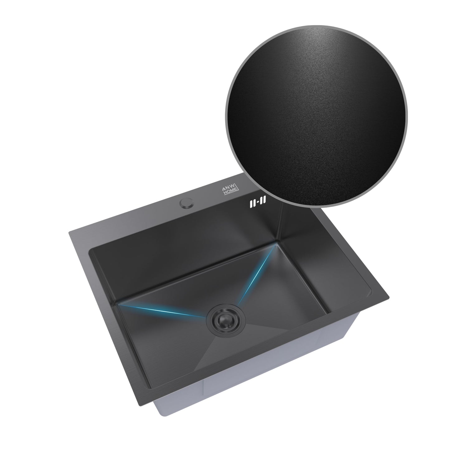 ANW HOME Spülbecken Edelstahl Küchenspüle Einbauspüle 1 Becken 60x50 cm Schwarz Piano-Oberfläche, Materialstärke 3,0/1 mm, mit Siphon, Seifenspender und Korb