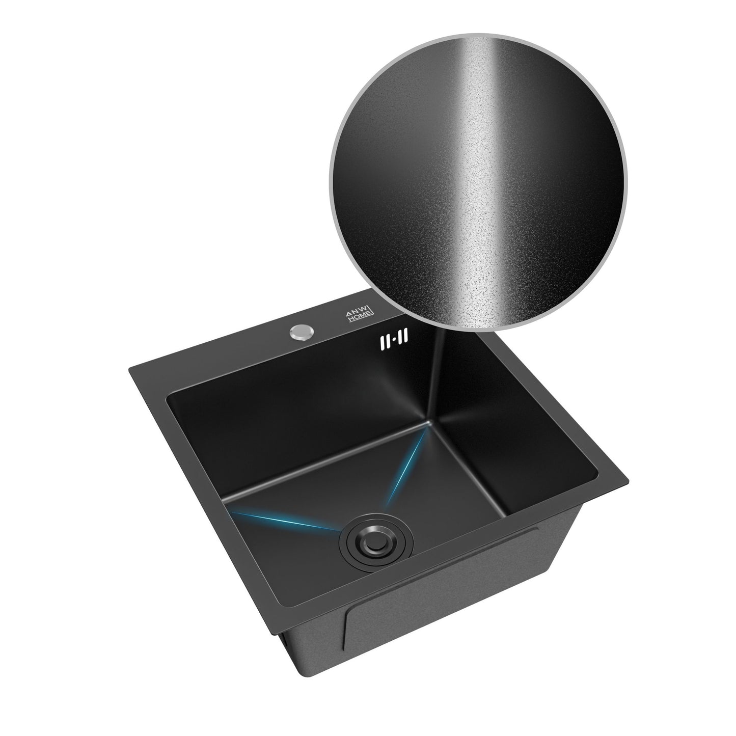 ANW HOME Kitchen Sink Stainless Steel, Single Bowl Kitchen Sink 50x50 cm, Black, Topmount, Nano-Coated, Thickness 3.0/1 mm, 22 cm Deep, with Siphon, Soap Dispenser and Basket