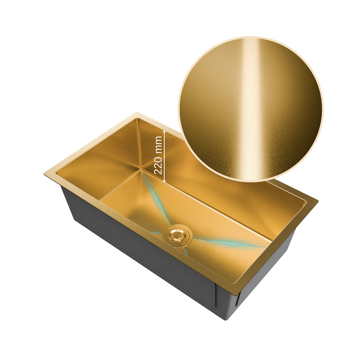 ANW HOME Spülbecken Küche 1 Becken Unterbau Spülbecken Edelstahl 304 74x44 cm Gold PVD Nano-Beschichtung Stärke 3+1 mm mit Siphon