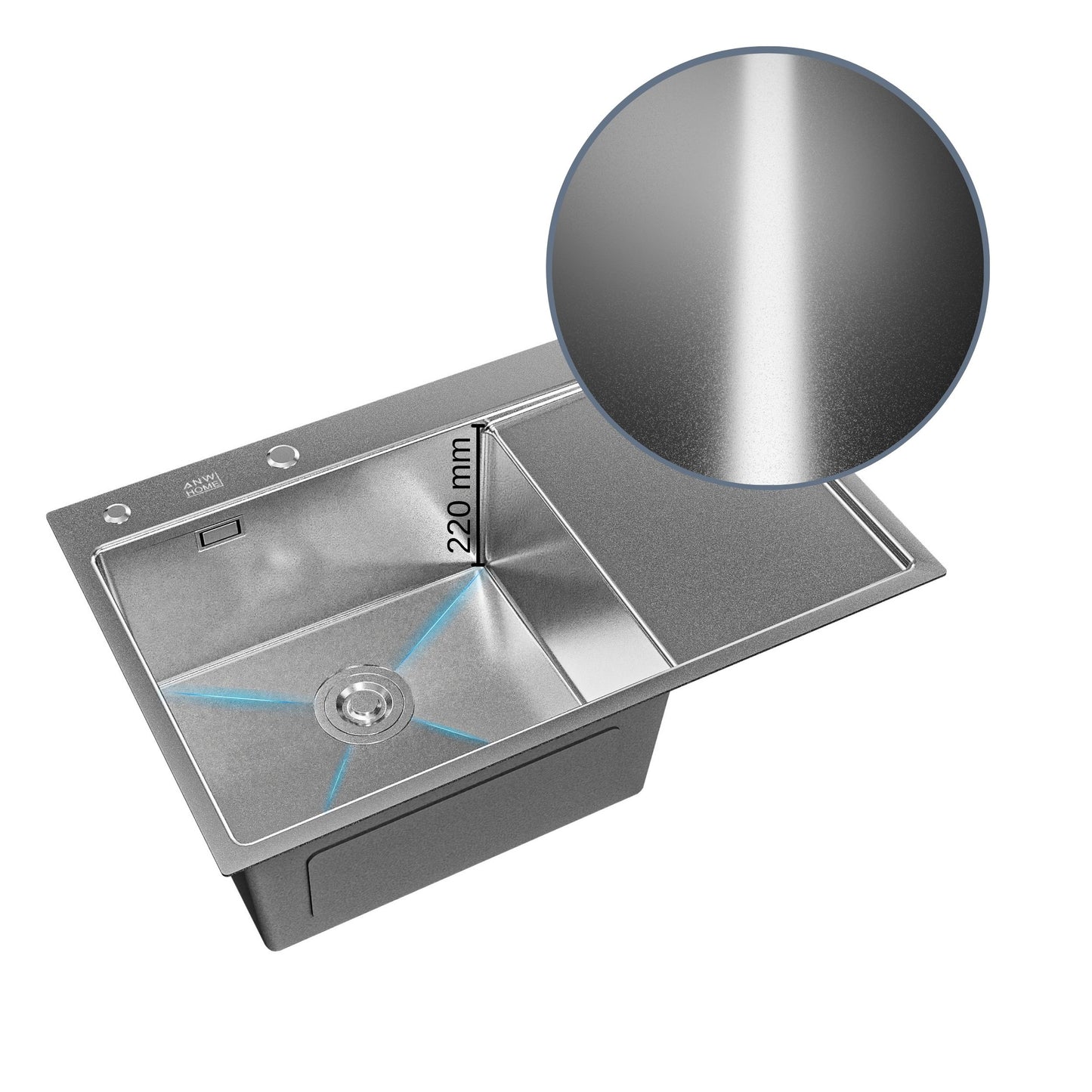 ANW HOME Fregadero Cocina 1 Seno, sobre Encimera con Escurridor, Fregadero Cocina Acero Inoxidable 304, 78x50 cm, Plata, Acabado Nano, Grosor 3,0/1 mm, con Sifón y Dispensador