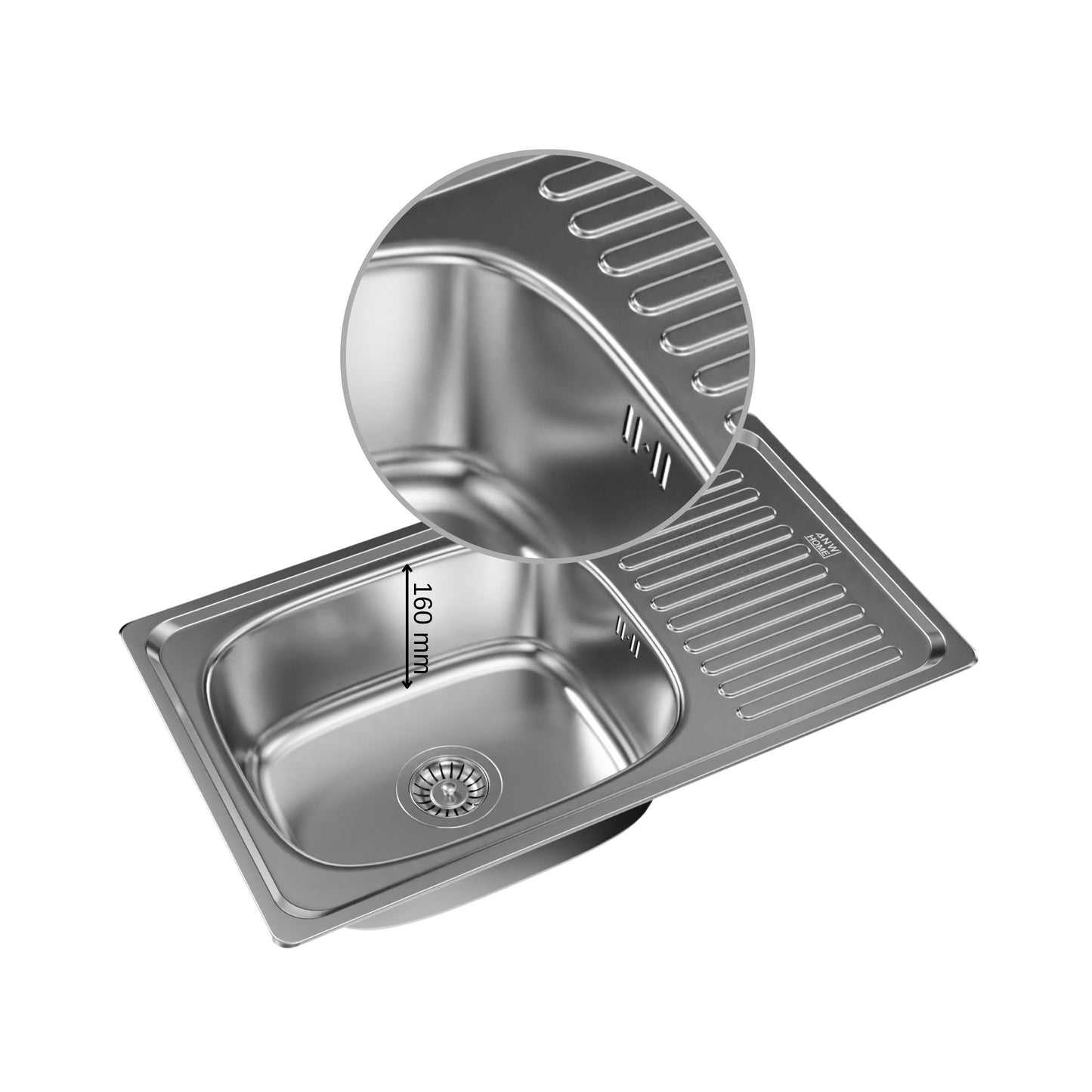 ANW HOME Kitchen Sink, Single Bowl with Drainer, Stainless Steel Sink 76x45 cm, Silver, Satin Finish, Thickness 0.6 mm, with Siphon