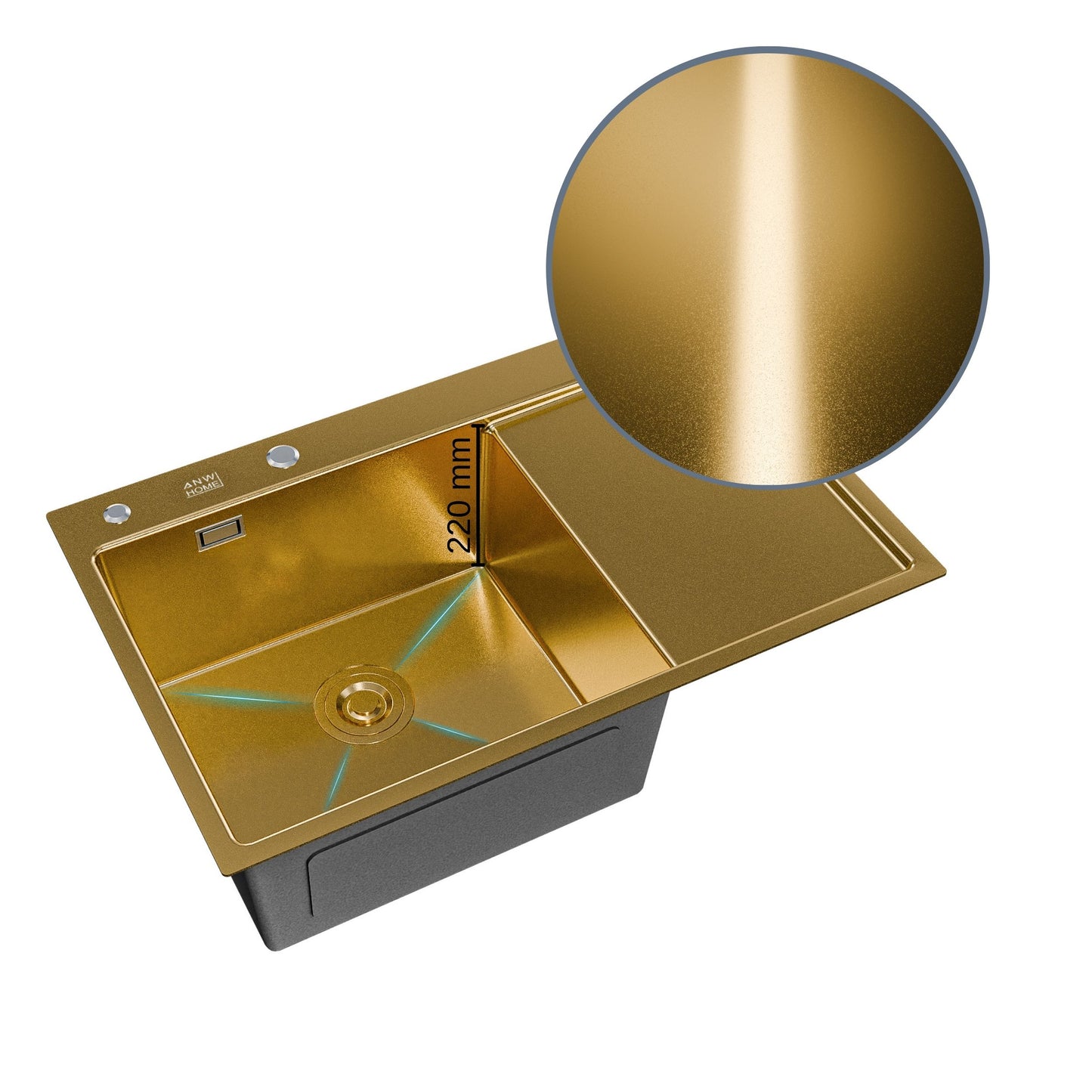 ANW HOME Spülbecken Küchenspüle Einbauspüle 1 Becken mit Abtropffläche Edelstahl 304 78x50 cm Gold PVD Nano-Beschichtung Stärke 3,0+1 mm mit Siphon, Seifenspender und Korb