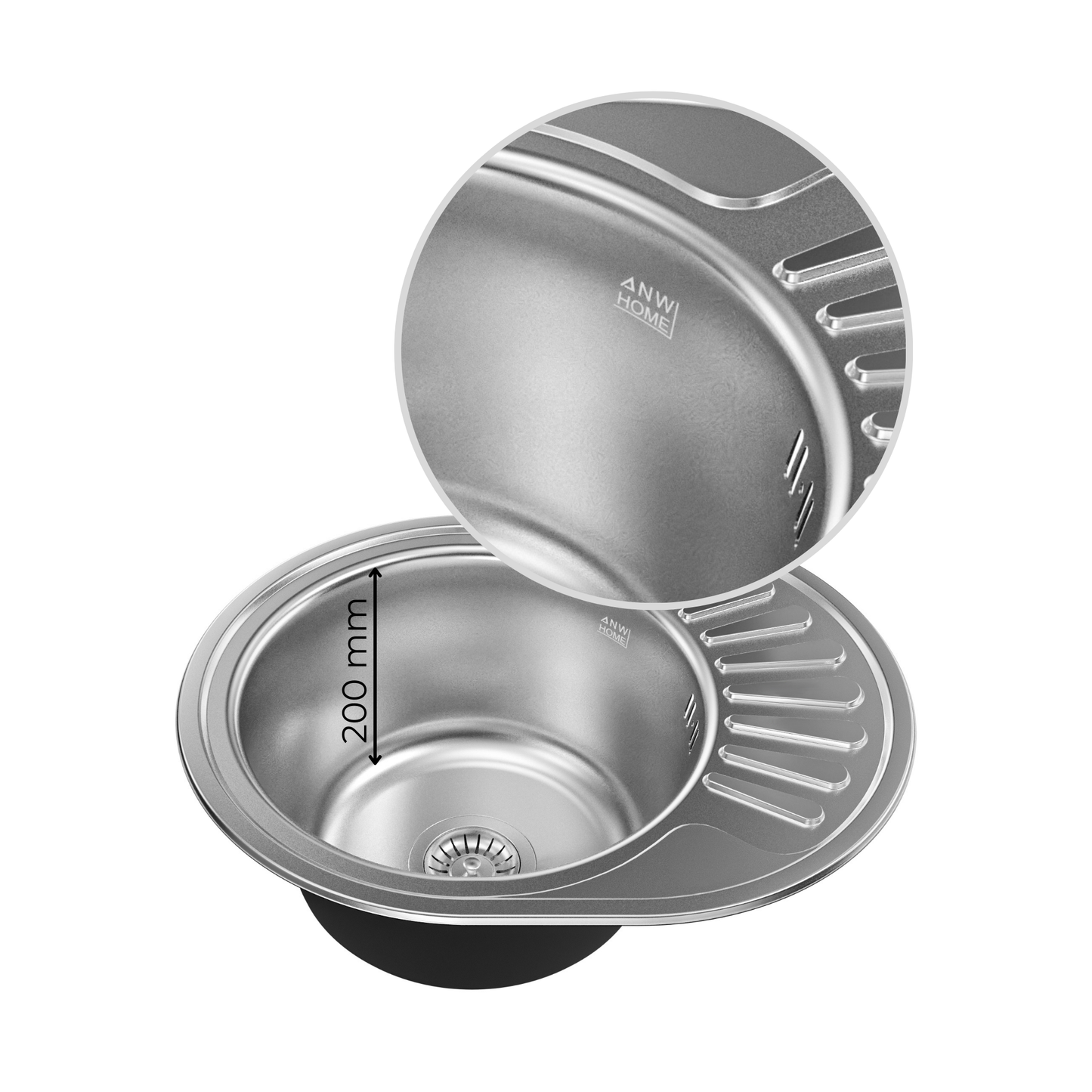 ANW HOME Fregadero Cocina 1 Seno Fregadero sobre Encimera con Escurridor Acero Inoxidable 201 57x45 cm Plata Acabado Satinado Grosor 0,6 mm con Sifón