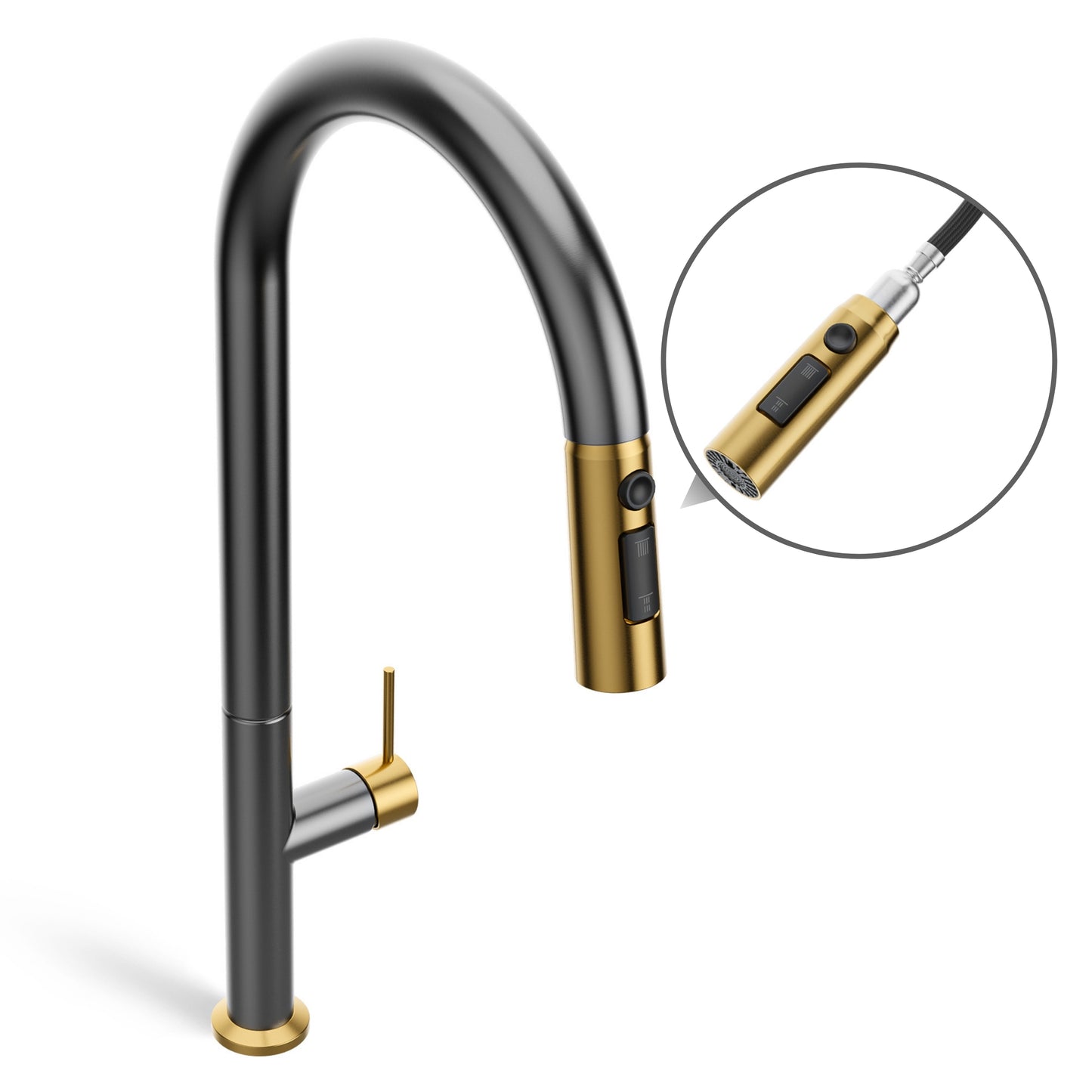 ANW HOME High-Arc Graphite & Gold Kitchen Faucet with Pull-Out Spout and 360° Rotation – 455 mm
