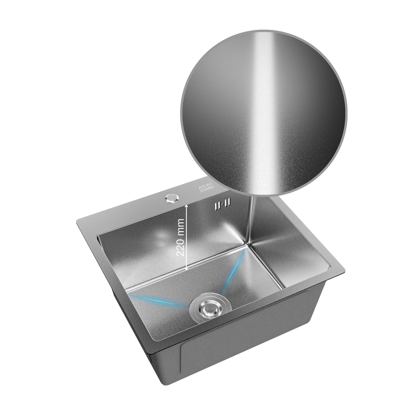 ANW HOME 50x45x22 cm Silver Nano Stainless Steel Kitchen Sink – Single Bowl, Top Mount, Scratch-Resistant