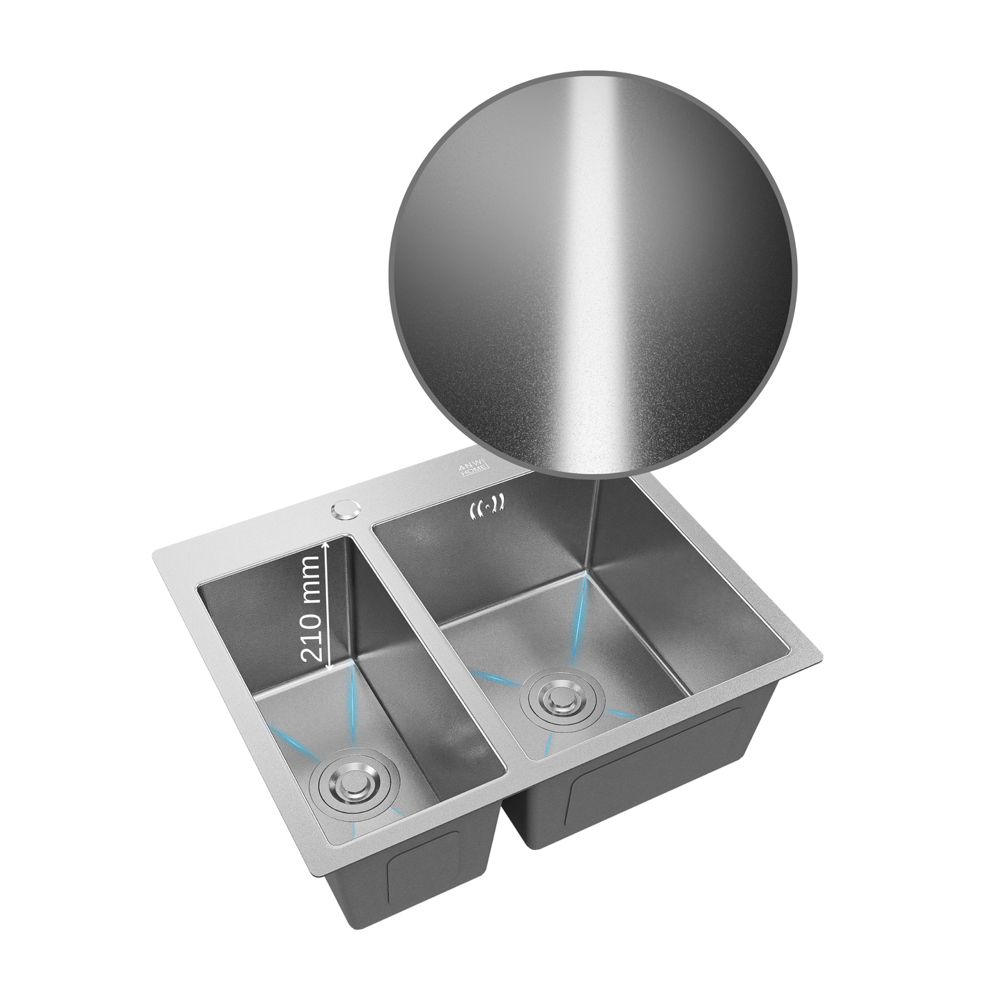 ANW HOME Evier Cuisine 2 Bacs à Encastrer, Évier Inox 304, 61x51 cm, Argent, Finition Nano, Épaisseur 3,0+1 mm, avec Siphon, Distributeur de Savon et Panier