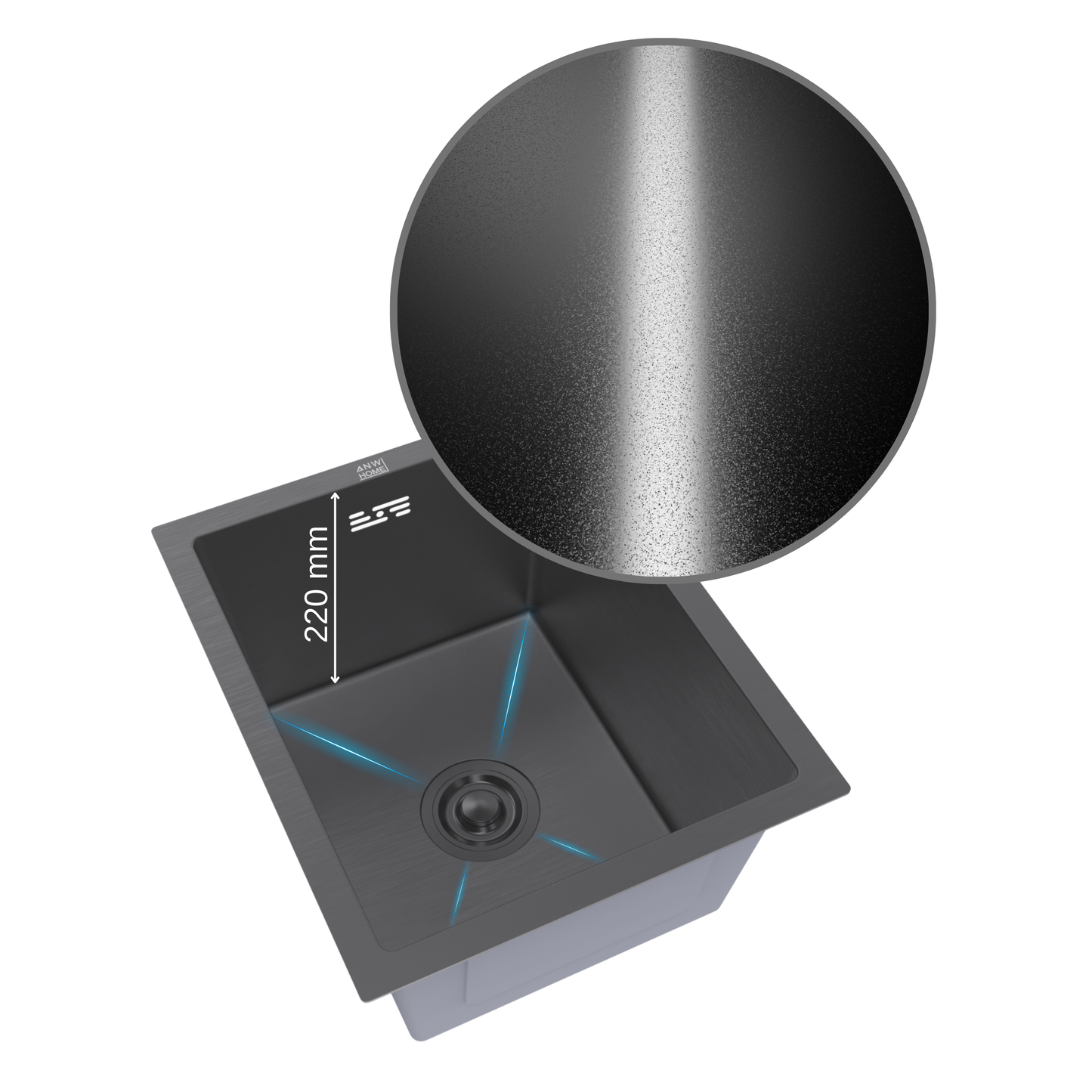 ANW HOME kuchyňský dřez 37x45 cm, nerezový dřez, jednodřez pro spodní montáž, grafit PVD s nano povrchem, tloušťka 3,0+1 mm, se sifonem