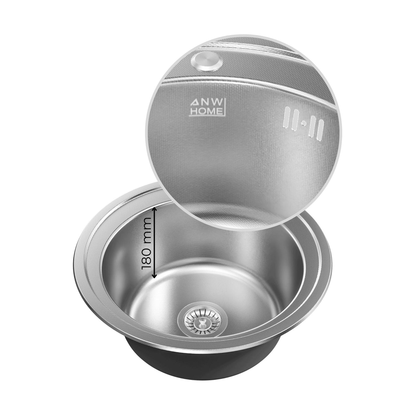 ANW HOME Spülbecken Küche, Küchenspüle Edelstahl 1 Becken, Einbauspüle Rund Ø51 cm, Edelstahl 201, Silber, Anti-Kratz Oberfläche, Stärke 1 mm, mit Siphon