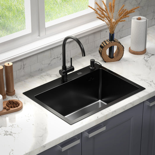 ANW HOME Kitchen Sink Stainless Steel 55 x 43 cm, Single Bowl Kitchen Sink Inset No Drainer, Graphite PVD, Nano Coating, Thickness 3.0+1 mm, Bowl Depth 22 cm, with Waste Kit and Soap Dispenser
