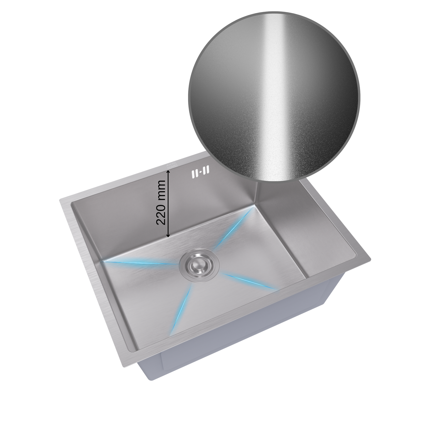 ANW HOME Fregadero Cocina 1 Seno, Fregadero Bajo Encimera Acero Inox 54x44, Profundidad 22 cm, Grosor 3.0+1 mm, Nano Revestimiento, con Sifón