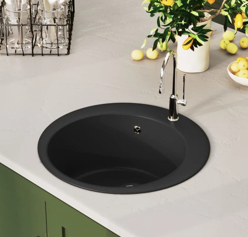 Küchenspüle Granit rund Schwarz 51x51 Siphon