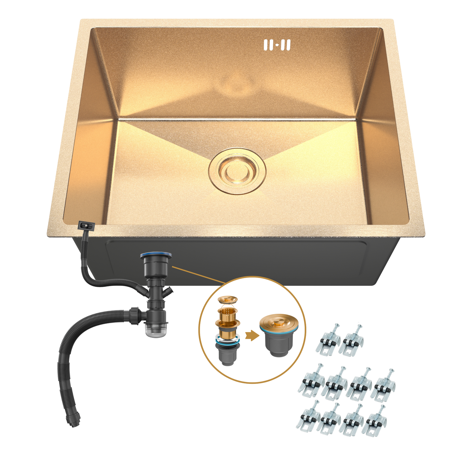 ANW HOME Lavello Cucina 1 Vasca Sottotop Lavandino Cucina Lavello Acciaio Inox 304 54x44 cm Oro PVD Rivestimento Nano Spessore 3.0/1 mm con Sifone