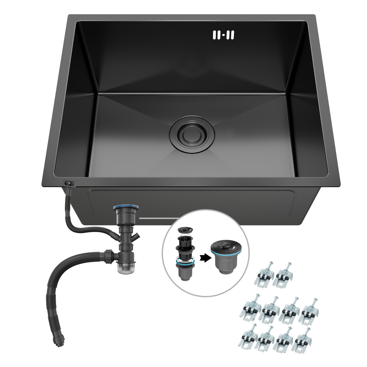 ANW HOME Spülbecken Küche Küchenspüle 1 Becken Unterbau Edelstahl 304 54x44 cm Graphit PVD Nano-Beschichtung Stärke 3,0/1 mm mit Siphon