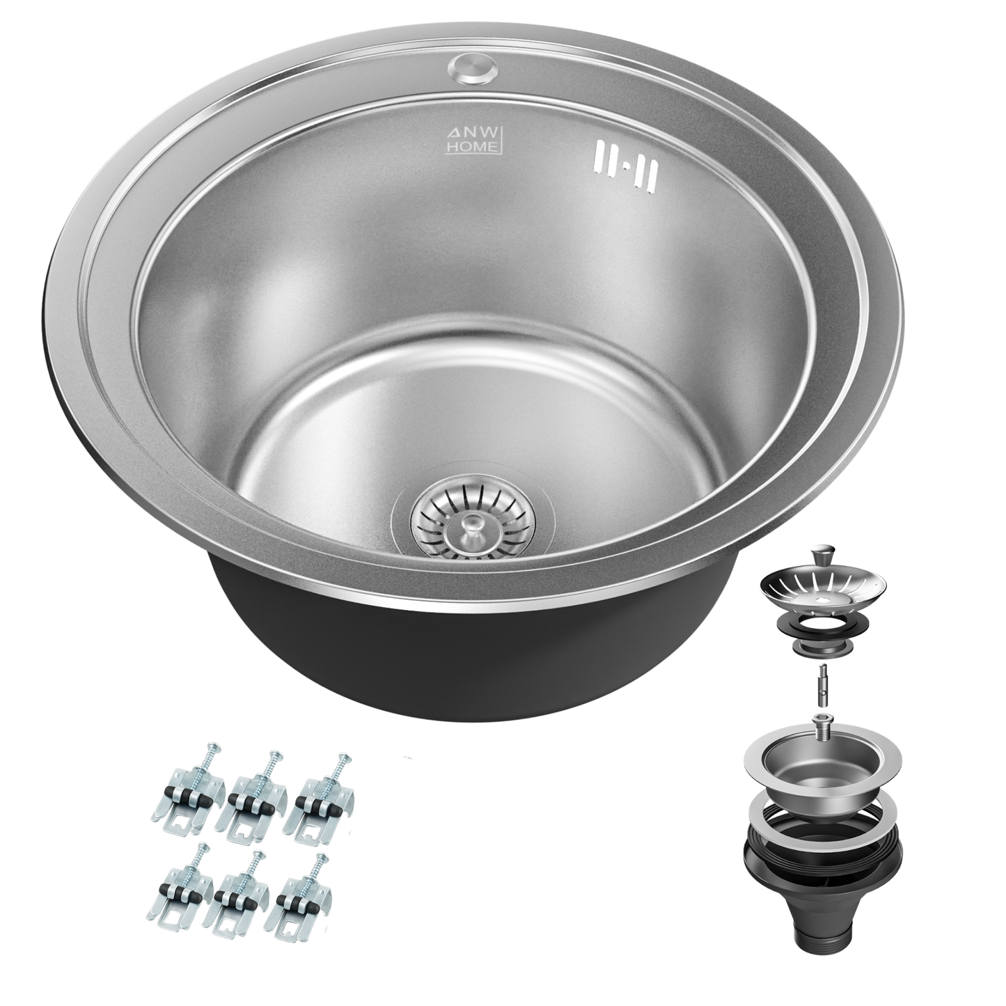 ANW HOME Spülbecken Küche, Einbauspüle Edelstahl 201, Spülbecken Edelstahl Rund Ø51 cm ohne Abtropffläche, Silber, Satinierte Oberfläche, Stärke 1 mm, 20 cm Tief, mit Siphon