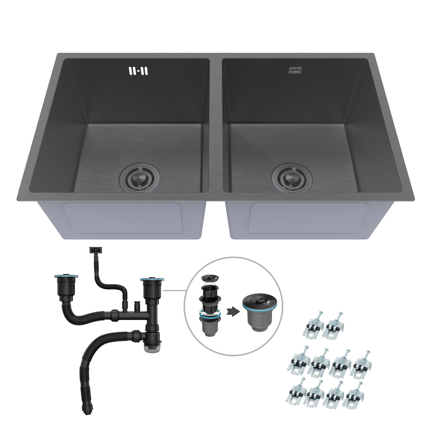 ANW HOME Evier Cuisine Inox, Evier Cuisine 2 Bacs Sous Plan 80x45 cm, Acier Inox 304, Graphite PVD, Nano-Revêtement, Épaisseur 3,0/1 mm, avec Siphon