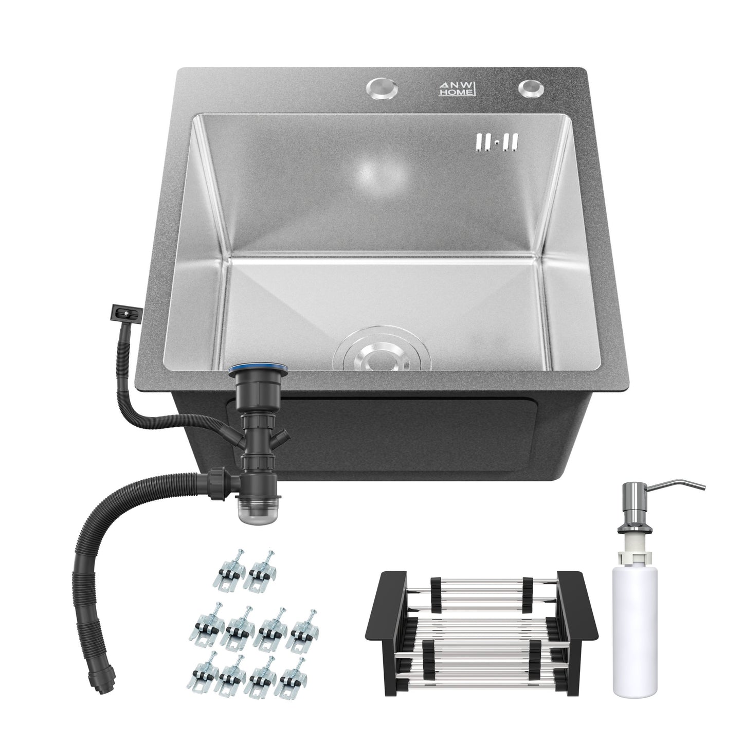 ANW HOME Lavandino Cucina, Lavello Cucina 1 Vasca 46x45 cm in Acciaio Inox con Finitura Nano, Spessore 3.0+1 mm, da Incasso, Argento, con Sifone, Dosatore e Cestello