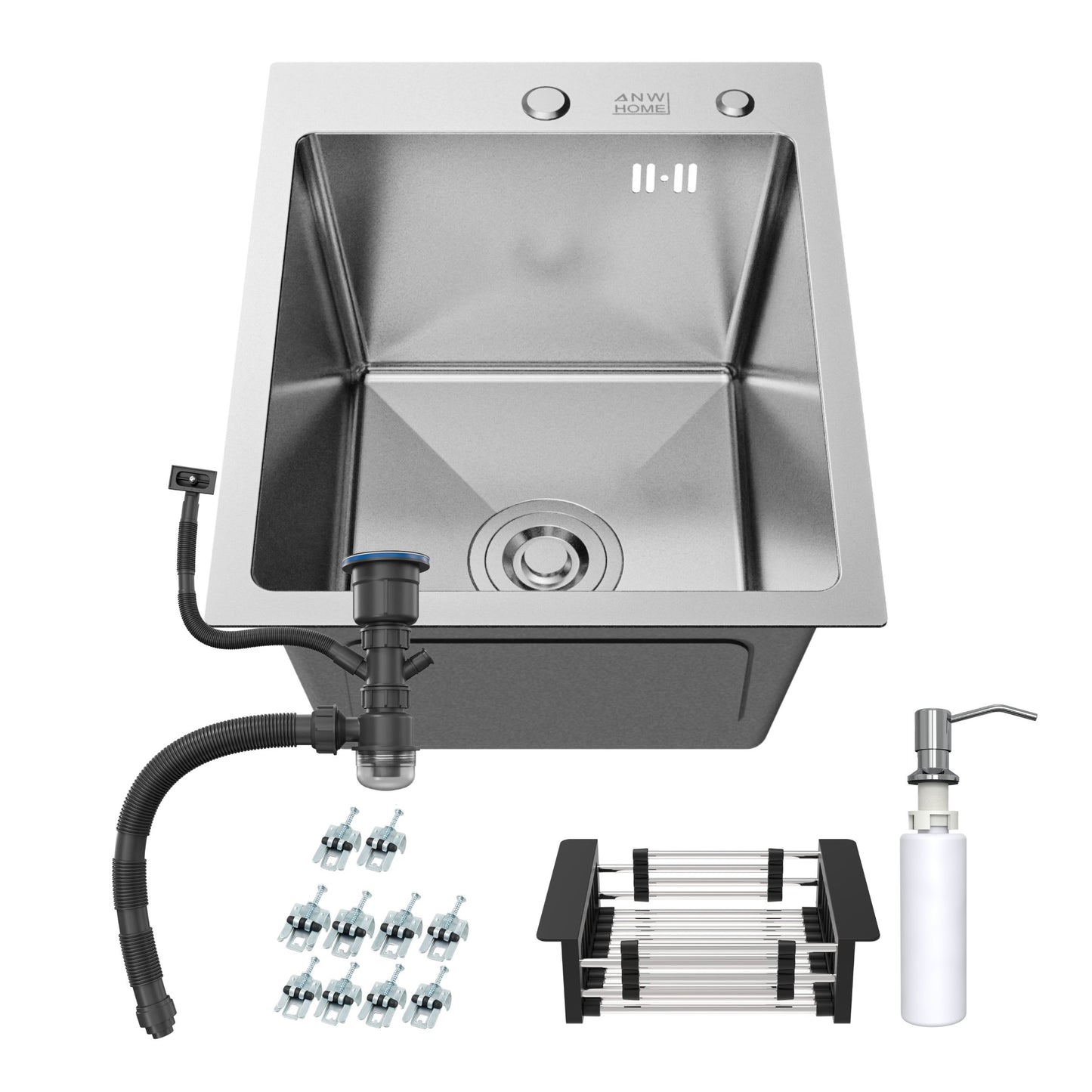 ANW HOME Lavello Cucina 1 Vasca, Lavello Acciaio Inox da Incasso 40 x 50 cm, Argento, Finitura Nano, Spessore 3,0/1 mm, Profondità 22 cm, con Sifone e Dosatore