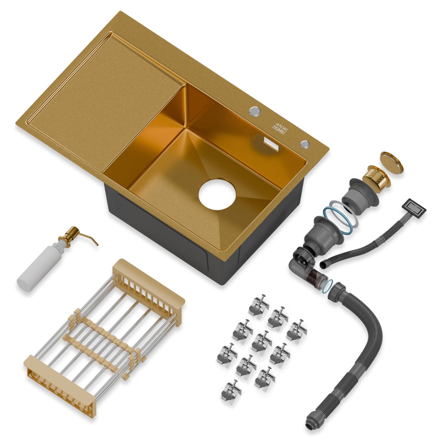 ANW HOME Evier Cuisine 1 Bac avec Égouttoir, Evier Inox à Encastrer 304, 78x50 cm, Or PVD, Finition Nano, Épaisseur 3,0+1 mm