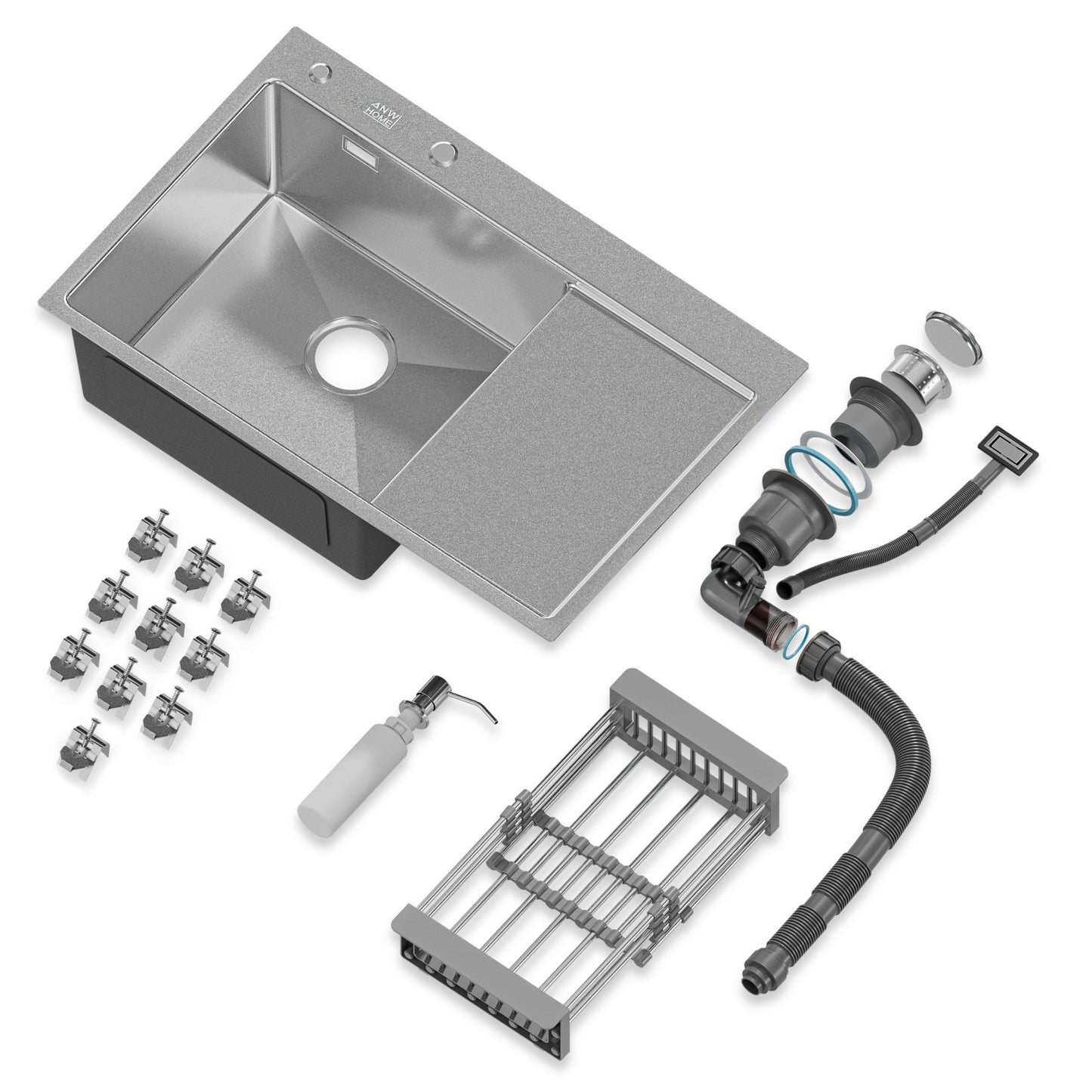 ANW HOME Fregadero Cocina 1 Seno, sobre Encimera con Escurridor, Fregadero Cocina Acero Inoxidable 304, 78x50 cm, Plata, Acabado Nano, Grosor 3,0/1 mm, con Sifón y Dispensador