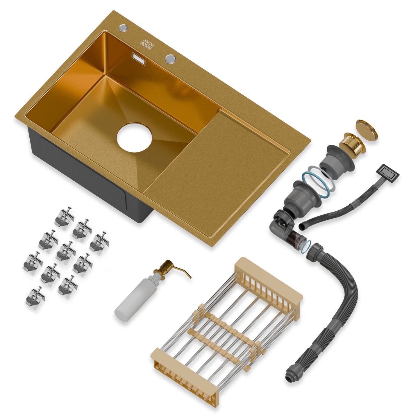 ANW HOME Spülbecken Küchenspüle Einbauspüle 1 Becken mit Abtropffläche Edelstahl 304 78x50 cm Gold PVD Nano-Beschichtung Stärke 3,0+1 mm mit Siphon, Seifenspender und Korb