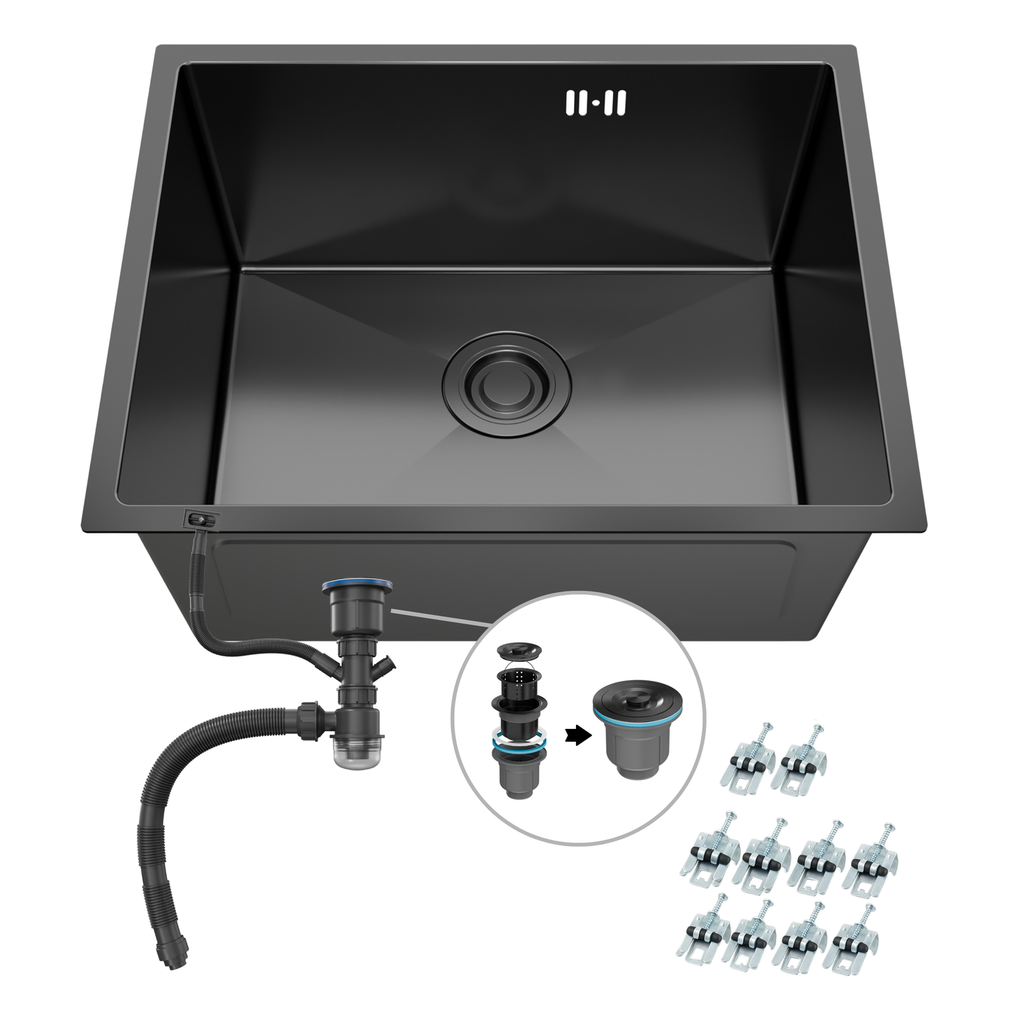 ANW HOME Spülbecken 47x45 cm, Küchenspüle als Unterbauspüle mit 1 Becken, Graphit PVD, Nano-Beschichtung, Stärke 3.0+1 mm, mit Siphon