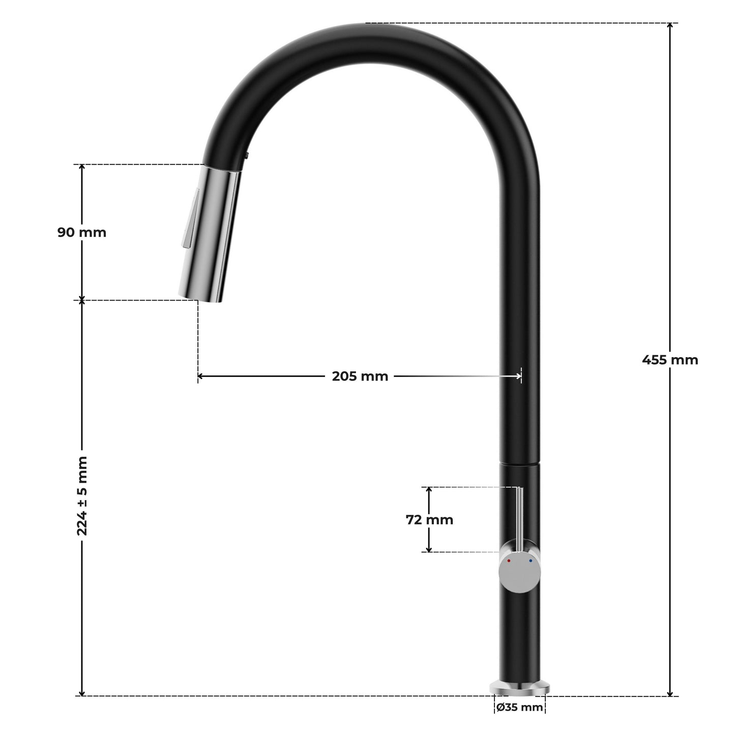 ANW HOME High-Arc Black & Chrome Kitchen Faucet with Pull-Out Spout and 360° Rotation – 455 mm