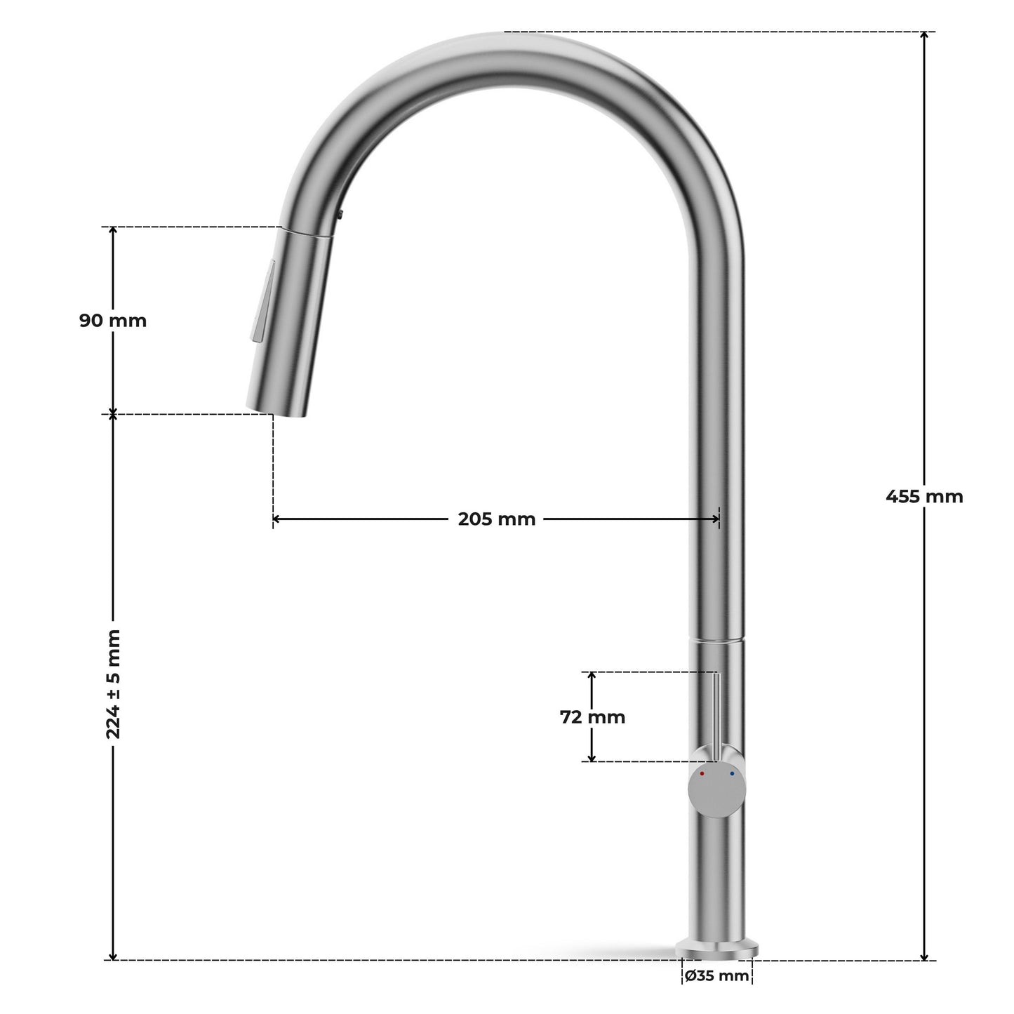 ANW HOME High-Arc Brushed Inox Kitchen Faucet with Pull-Out Spout and 360° Rotation – 455 mm