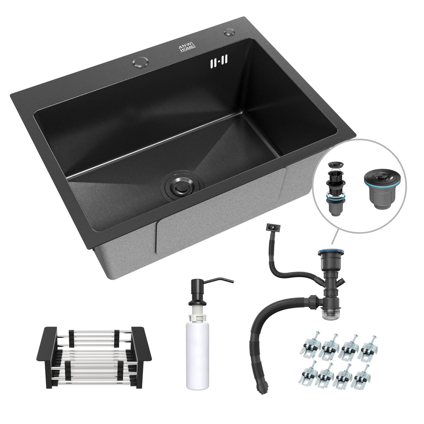 ANW HOME Küchenspüle Edelstahl 304 Spülbecken Einbauspüle 1 Becken ohne Abtropffläche 68x45 cm Graphit PVD Nano-Beschichtung Stärke 3,0/1 mm Tiefe 22 cm mit Siphon, Seifenspender und Korb