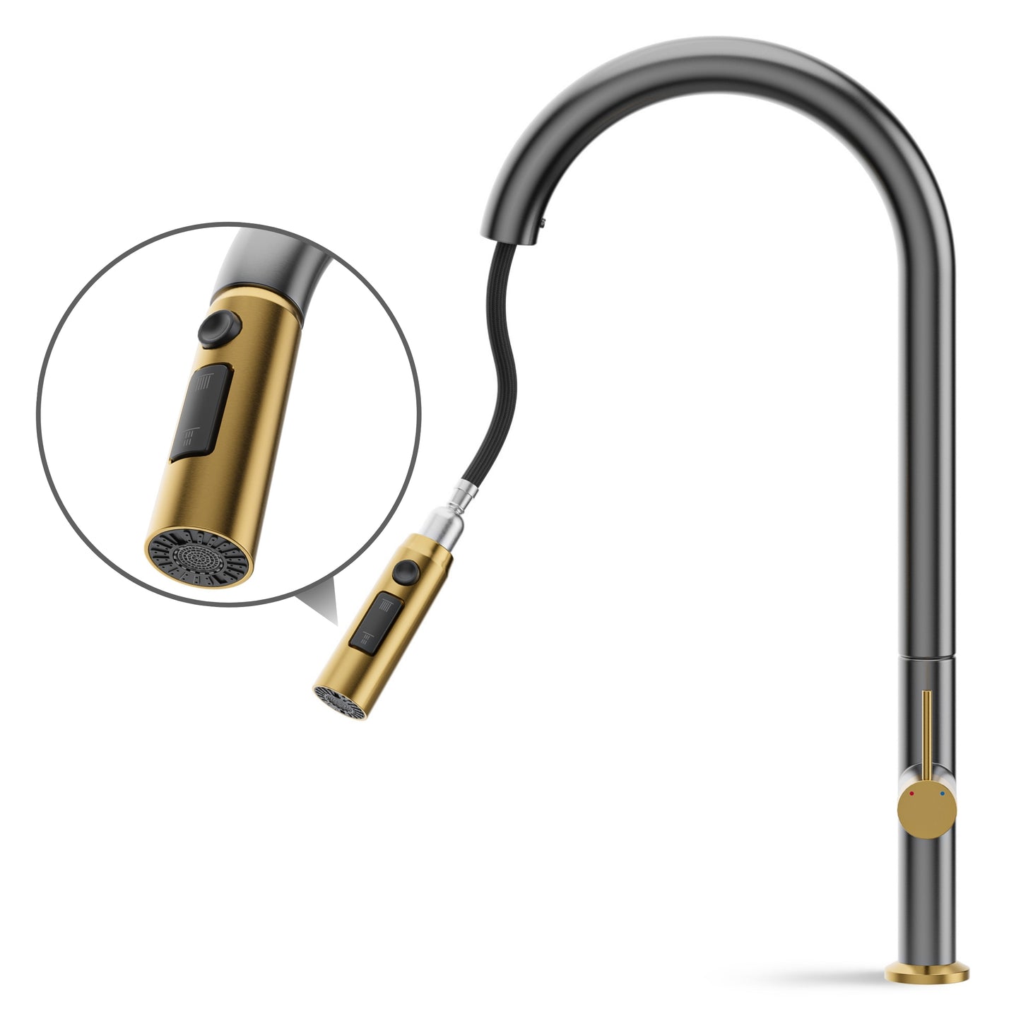 ANW HOME High-Arc Graphite & Gold Kitchen Faucet with Pull-Out Spout and 360° Rotation – 455 mm