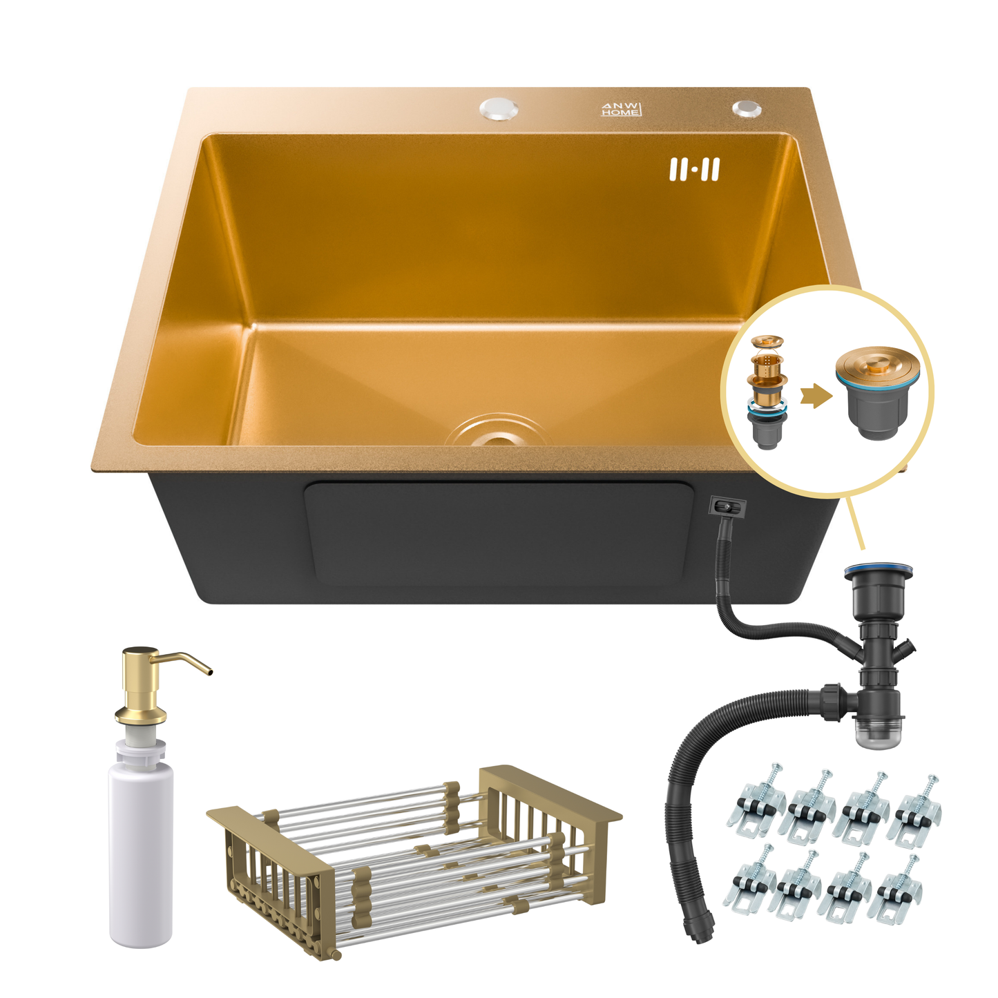 ANW HOME Fregadero Cocina 1 Seno Sobre Encimera, Fregadero Cocina Acero Inoxidable 304, 60x50 cm, Oro PVD, Nano-Revestimiento, Grosor 3,0+1 mm, con Sifón, Dosificador de Jabón y Cesta