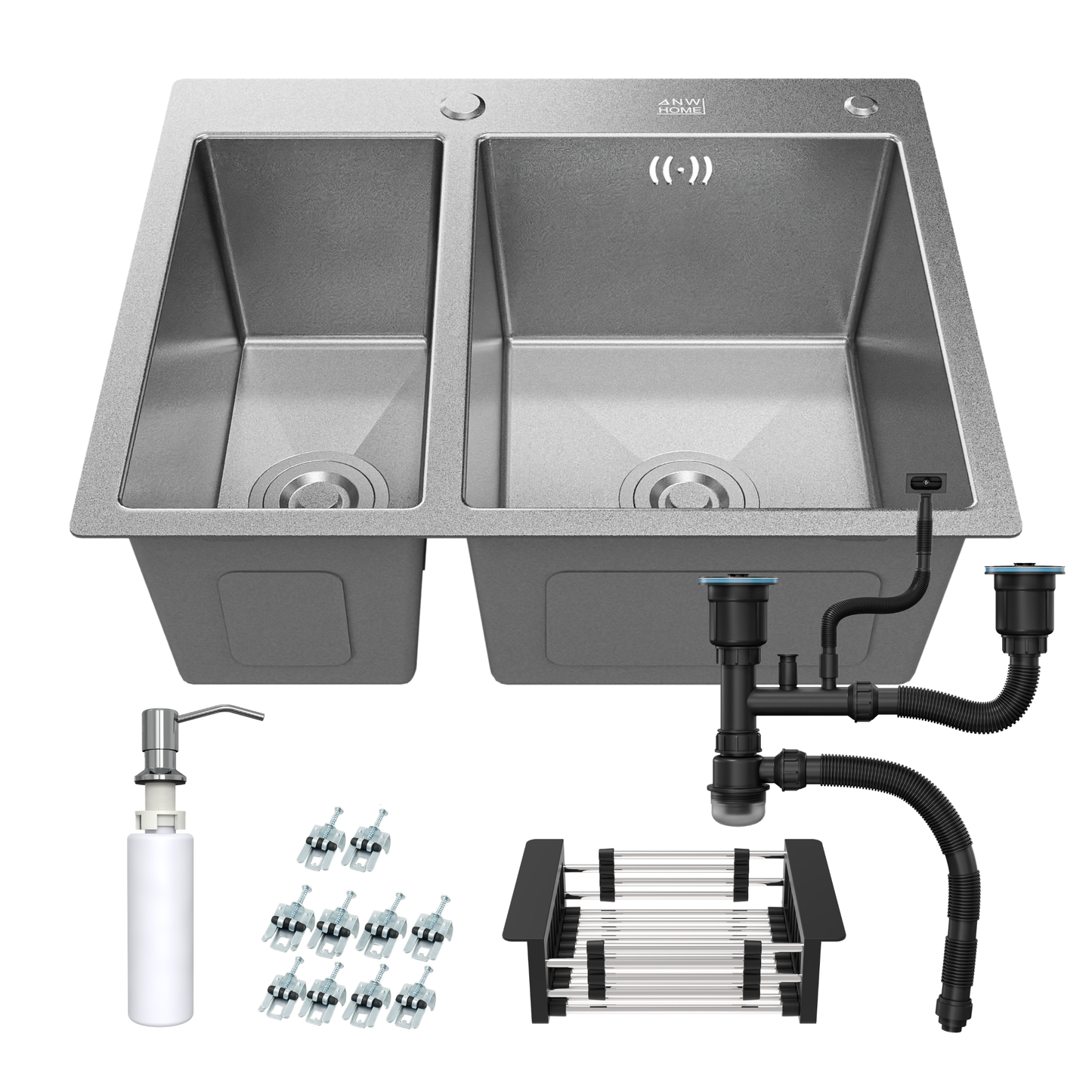 ANW HOME Evier Cuisine 2 Bacs à Encastrer, Évier Inox 304, 61x51 cm, Argent, Finition Nano, Épaisseur 3,0+1 mm, avec Siphon, Distributeur de Savon et Panier