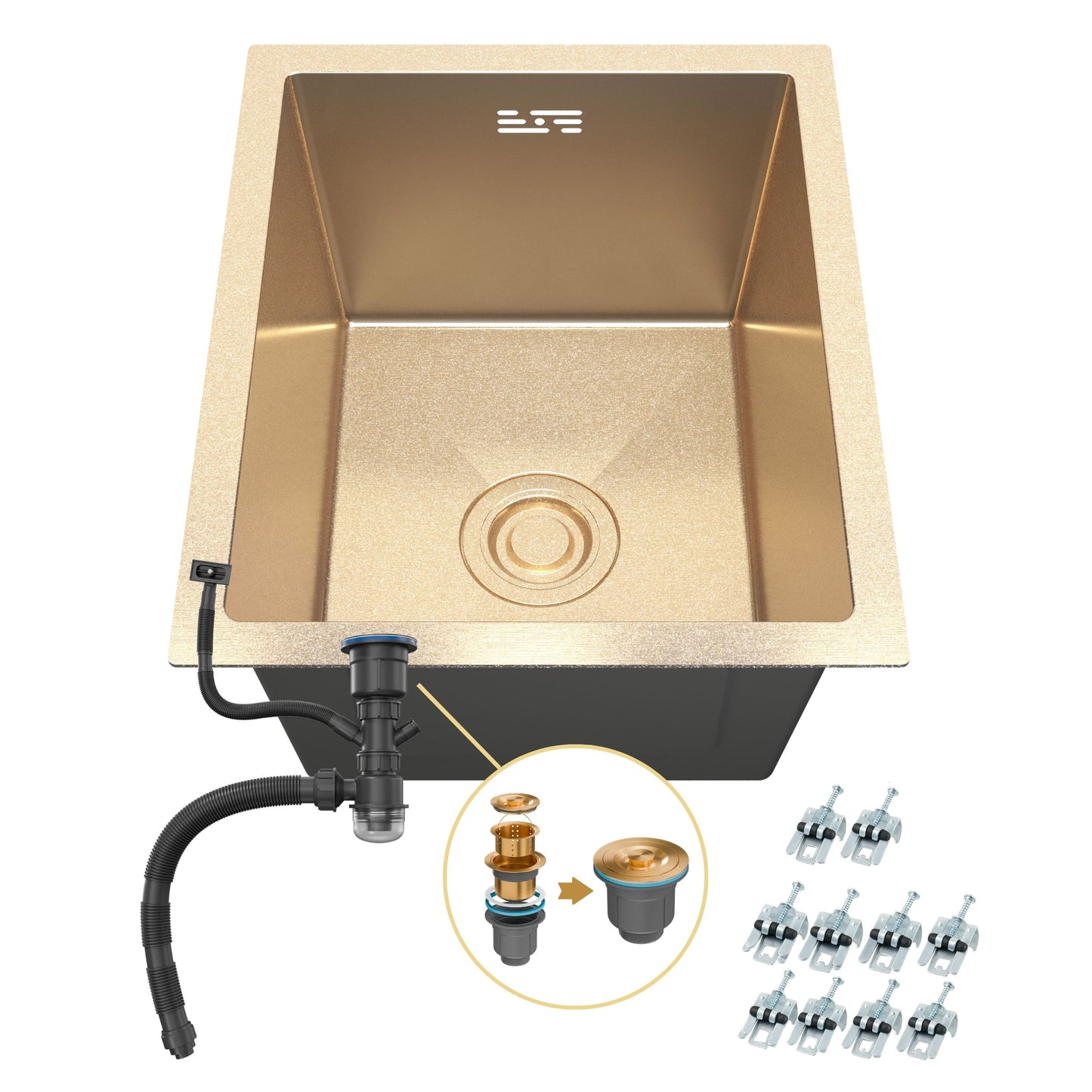 ANW HOME Spülbecken Küche Edelstahl, Küchenspüle  37x45 cm, Unterbau 1 Becken, Gold PVD, Nano-Beschichtung, Stärke 3,0+1 mm, Tiefe 22 cm, mit Siphon