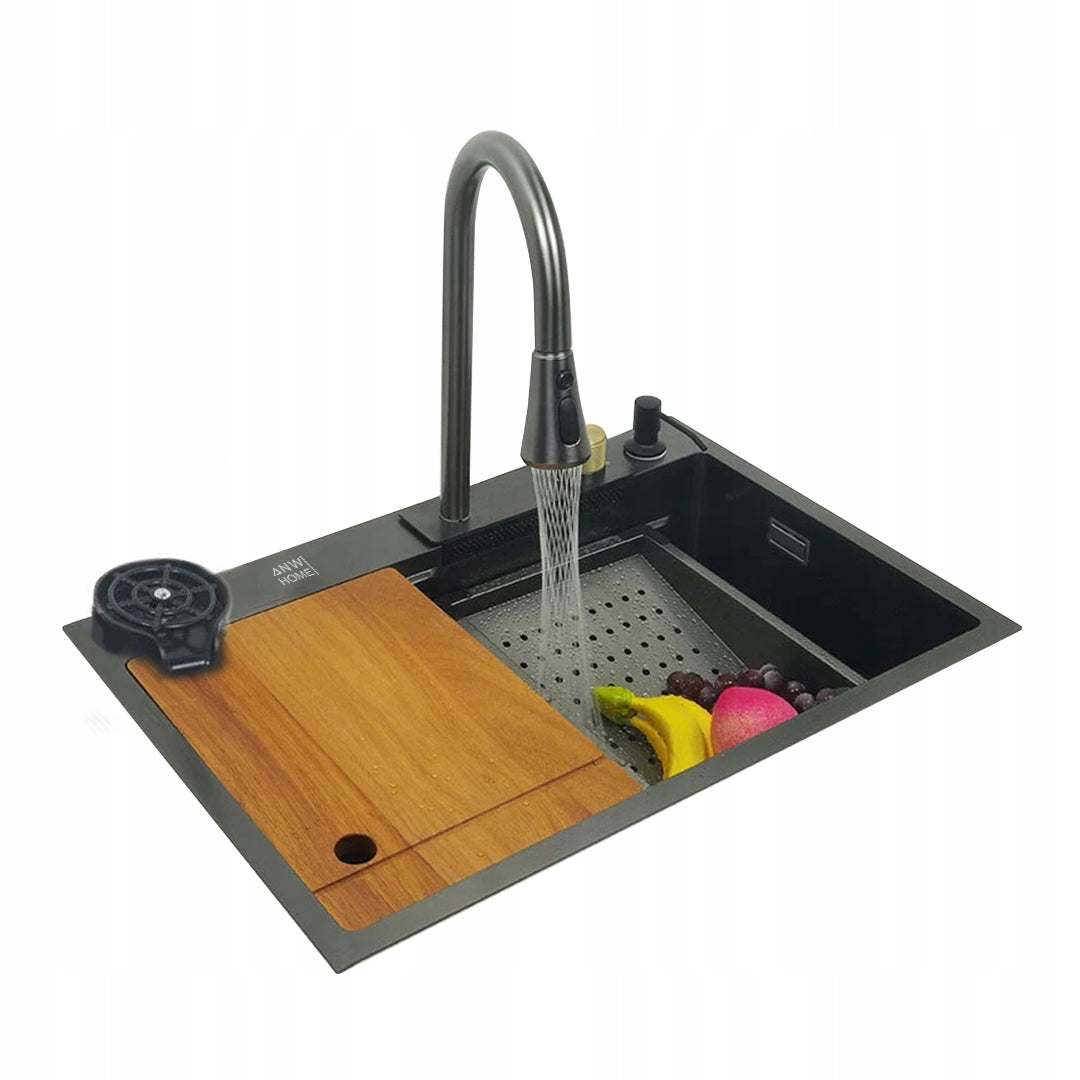 ANW HOME Küchenspüle Einbauspüle, Spülbecken 1 Becken Multifunktion aus 304 Edelstahl, 75x45 cm, Graphit PVD, Nano Anti-Kratz, 3/1 mm, 23 cm Tief, mit Wasserfallhahn