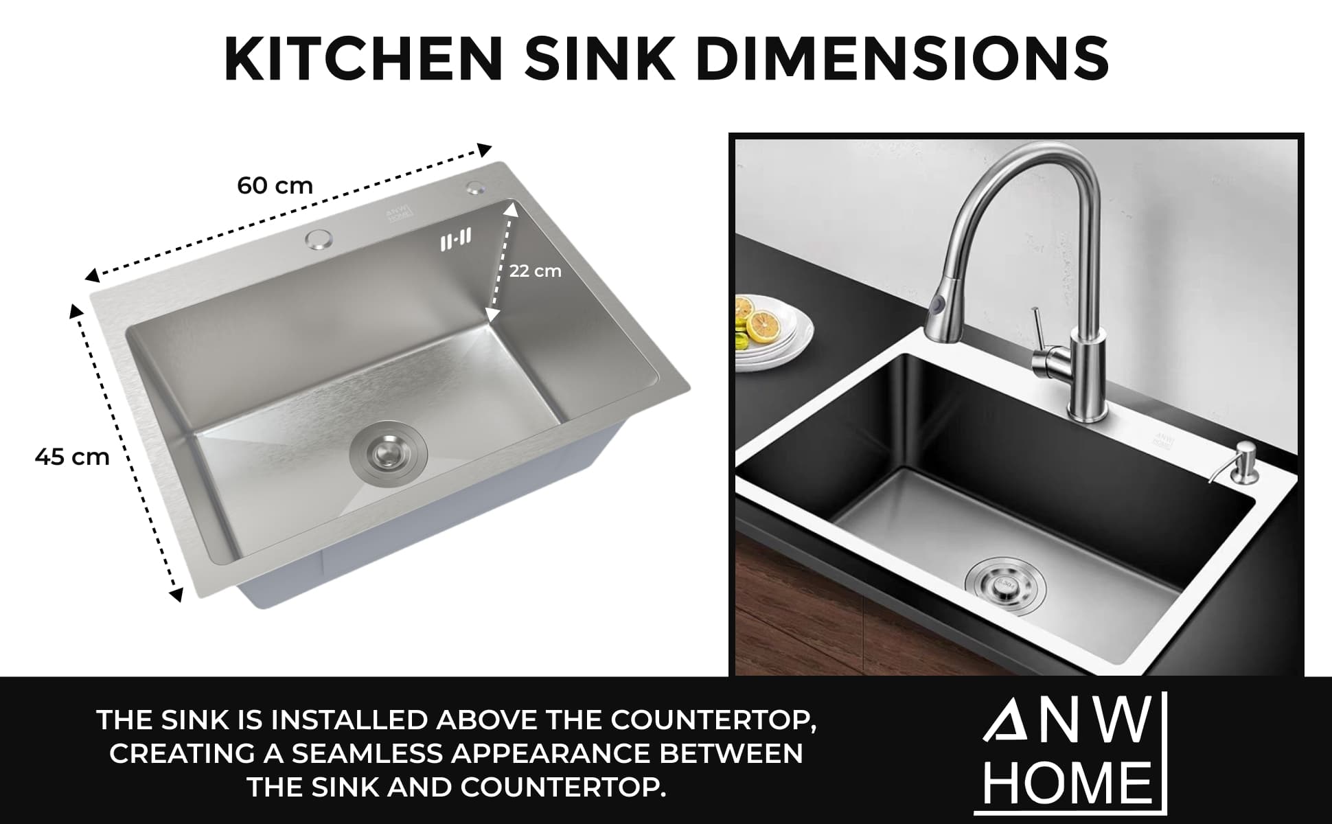 stainless steel kitchen sink color silver size 60x45 with dimensions