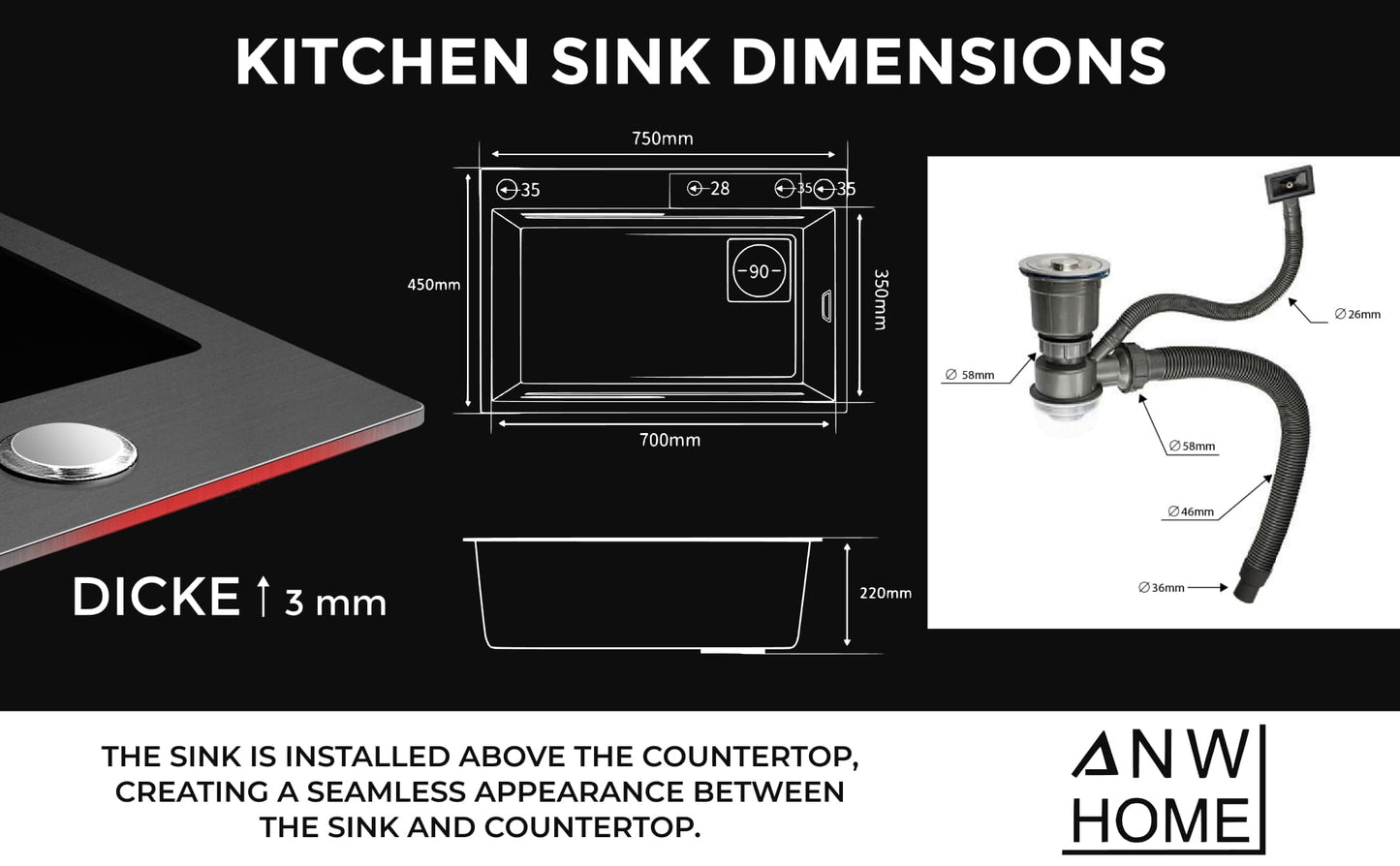 stainless steel kitchen sink  color black 75x45 with waterfall faucet with all dimensions