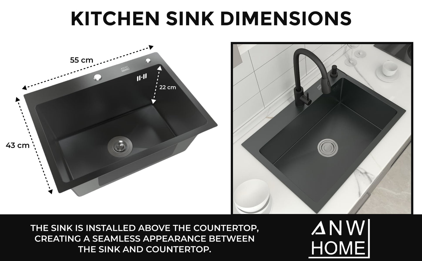 stainless steel kitchen sink color black size 55x43 with dimensions