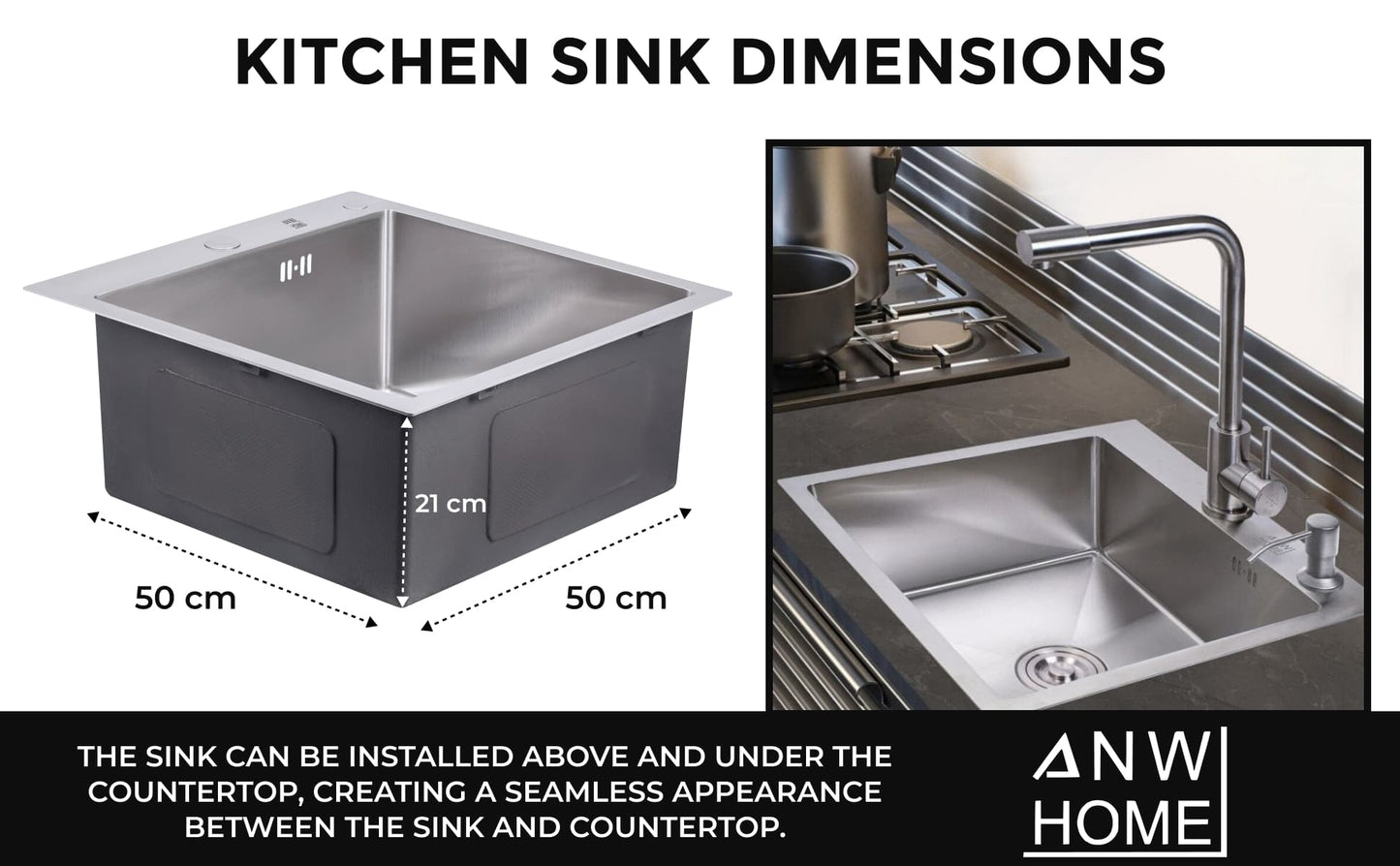 stainless steel kitchen sink color silver size 50x50 with dimentions